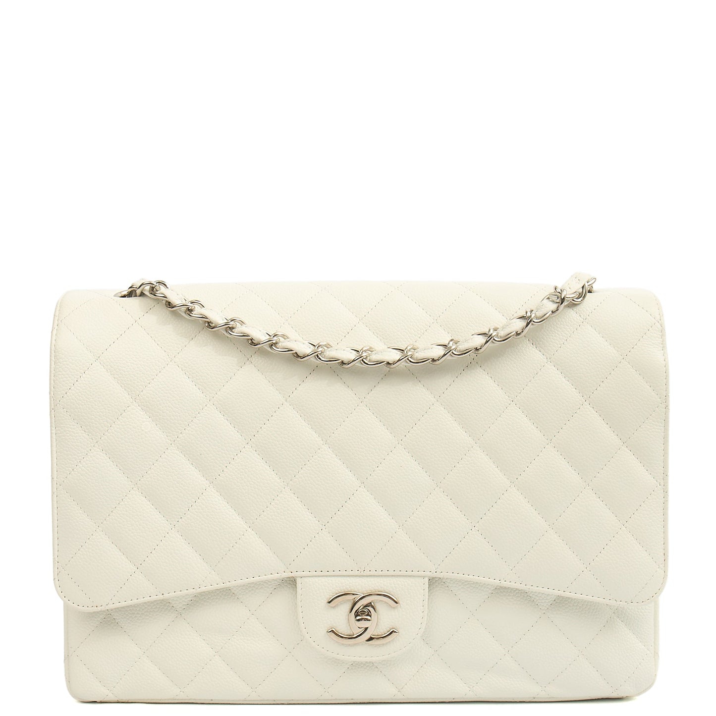 Chanel Shoulder Bag Classic - Maxi in White, Caviar Leather — Front View