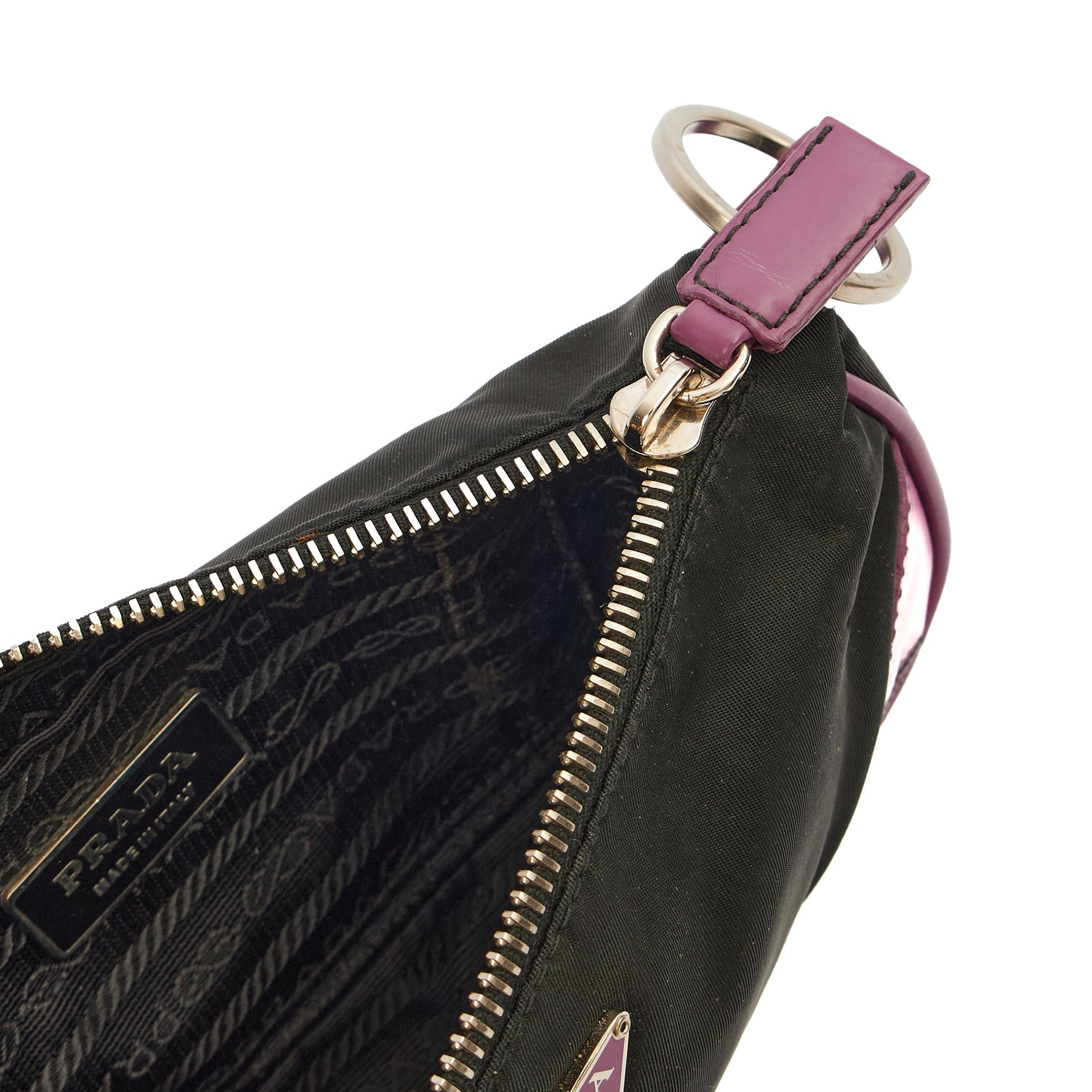 Prada Mini Bag Nylon Pochette in Black, Denim — Detail View