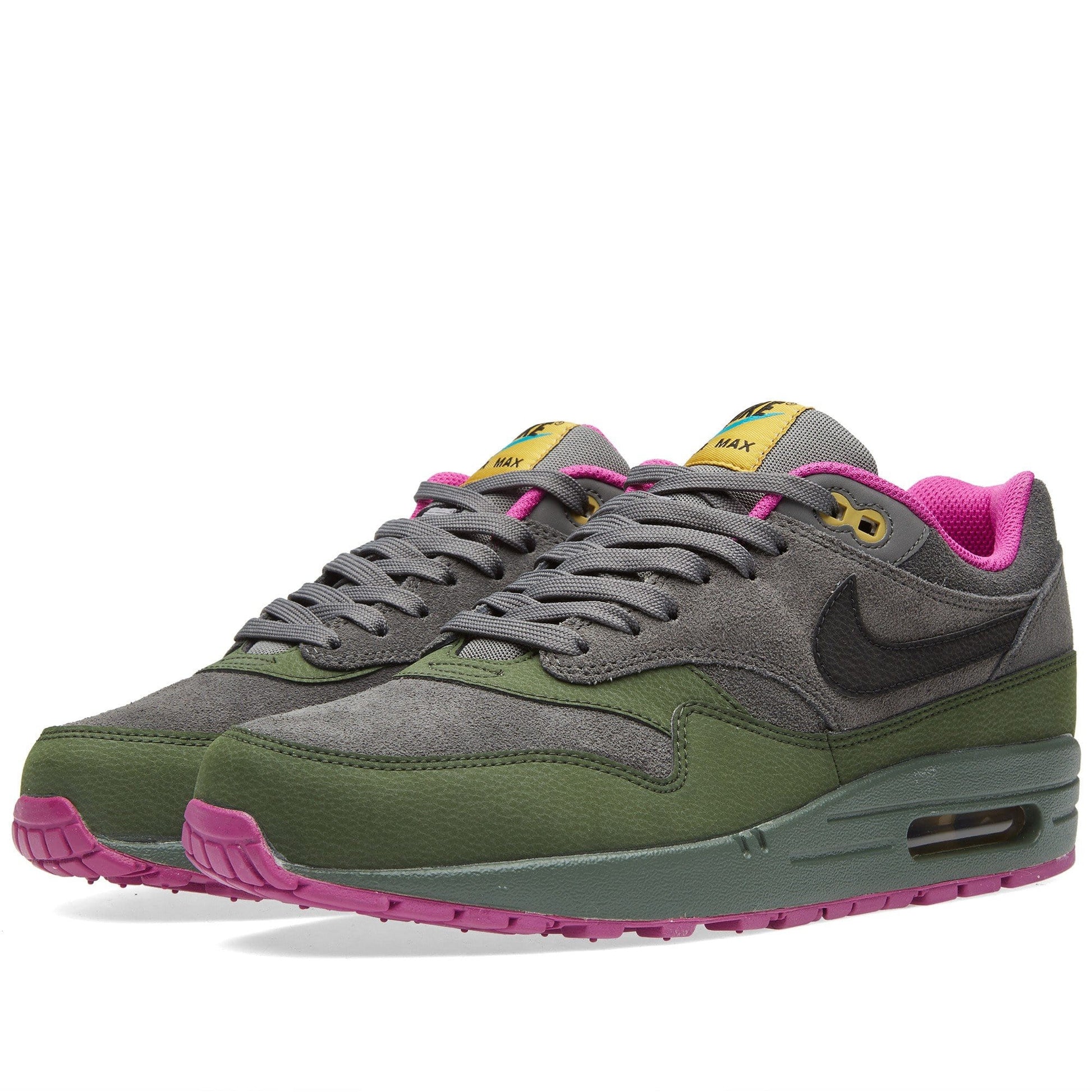 NIKE AIR MAX 1 LEATHER Dark Pewter & Carbon Green — UK 3 | EU 35.5 | US 3.5 — Lifestyle View