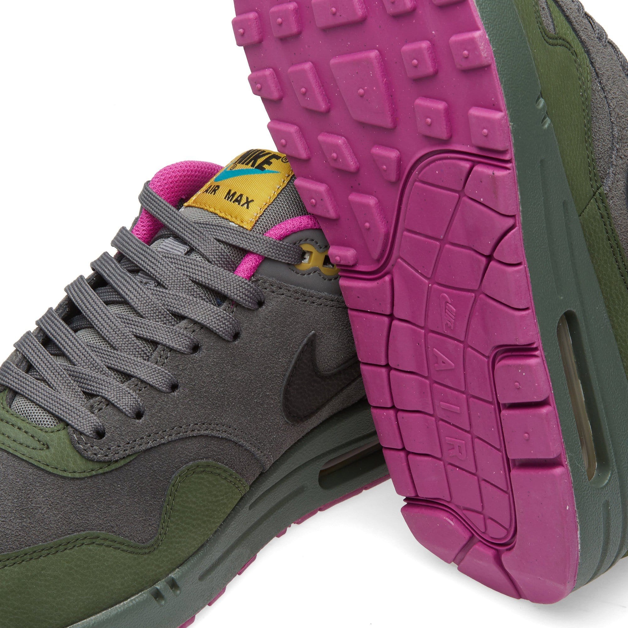 NIKE AIR MAX 1 LEATHER Dark Pewter & Carbon Green — UK 3 | EU 35.5 | US 3.5 — Top View