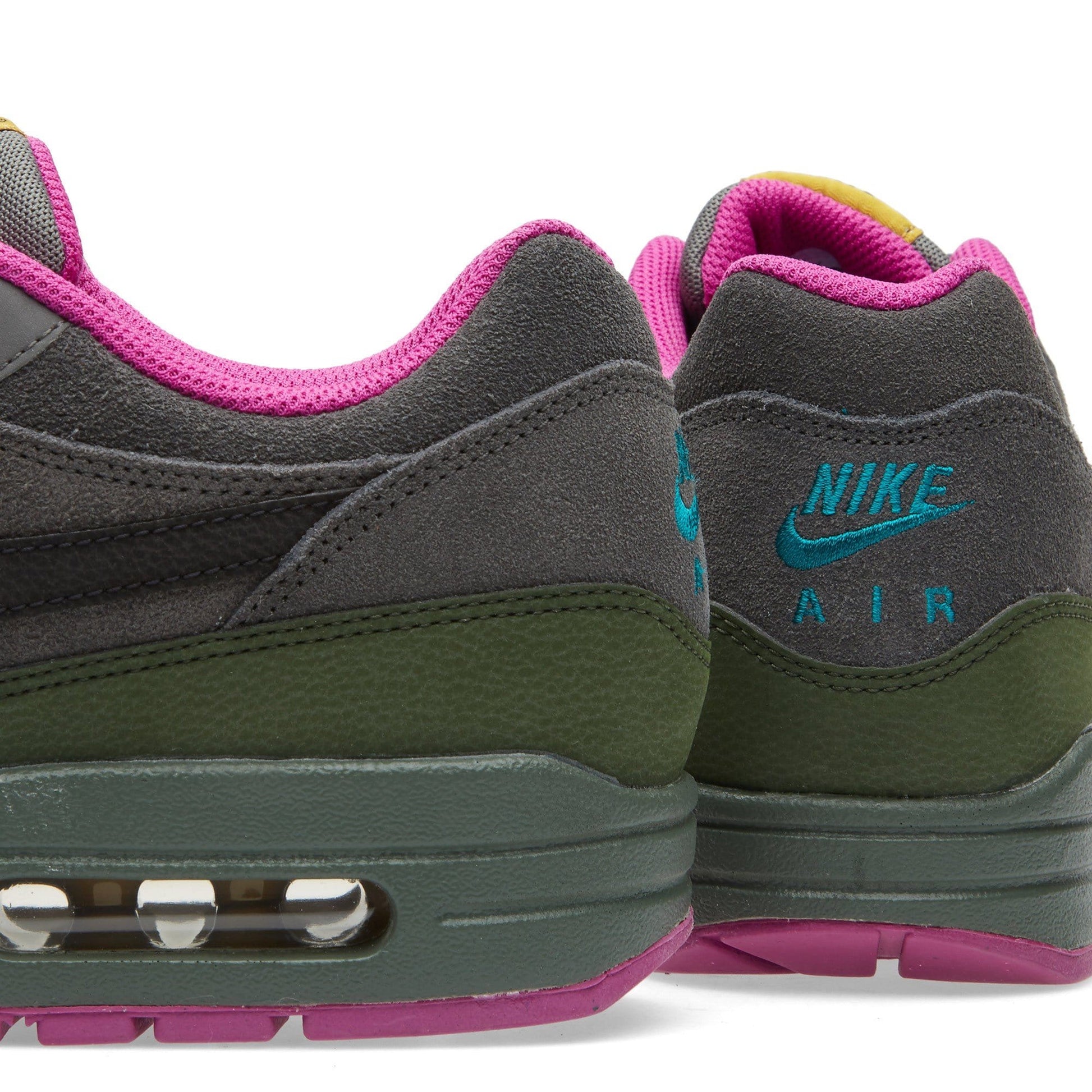 NIKE AIR MAX 1 LEATHER Dark Pewter & Carbon Green — UK 3 | EU 35.5 | US 3.5 — Back View