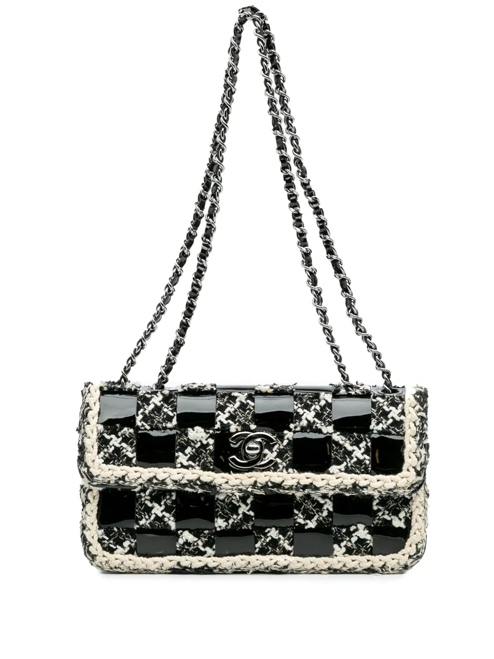 Chanel Pre Owned 2004 2005 Mini Woven Patent And Tweed Chessboard Single Flap Shoulder Bag — Same as shown — Size One Size — Front View