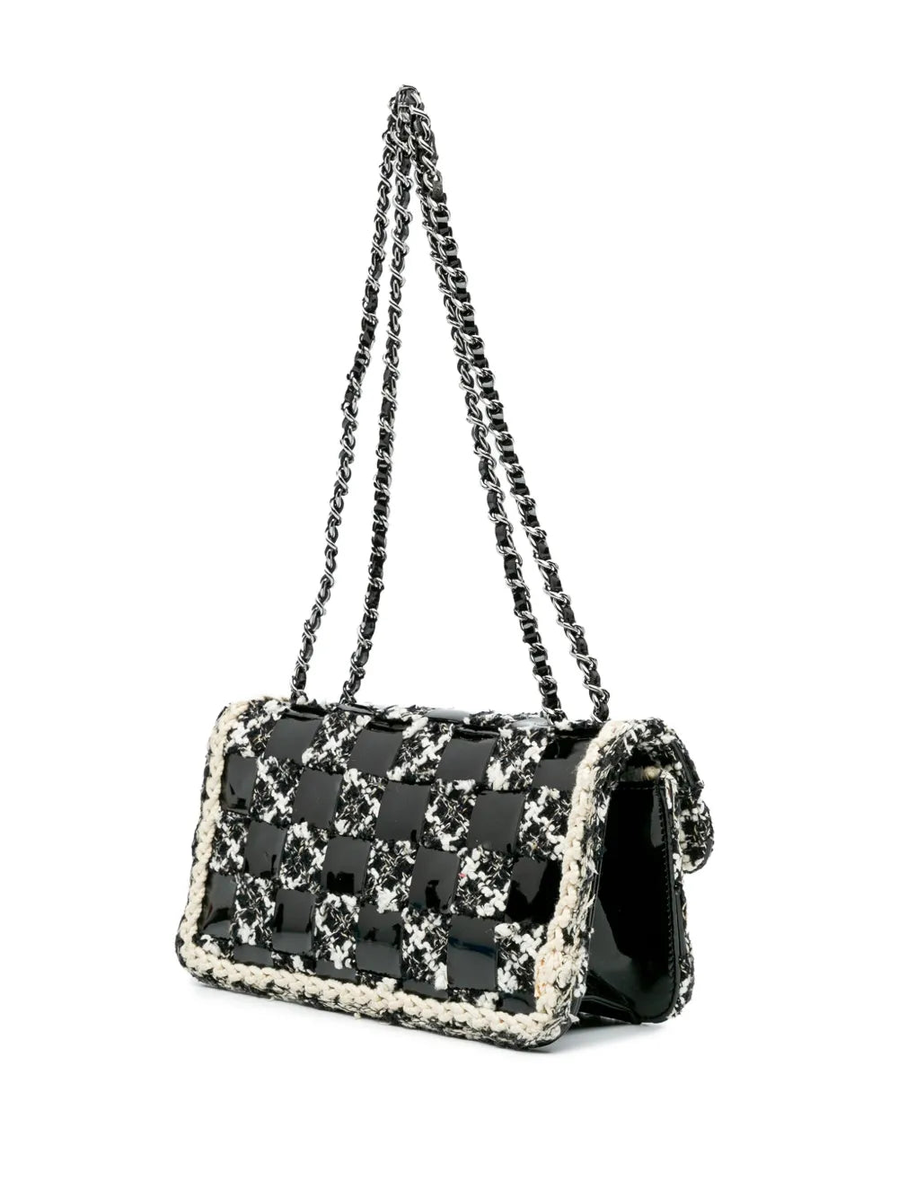 Chanel Pre Owned 2004 2005 Mini Woven Patent And Tweed Chessboard Single Flap Shoulder Bag — Same as shown — Size One Size — Back View