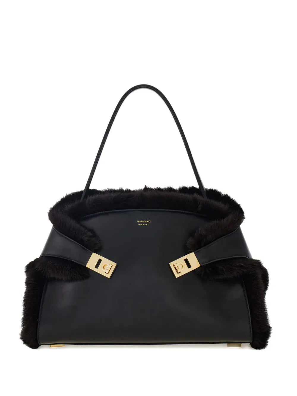 Ferragamo Medium Hug Soft Fur Trimmed Shoulder Bag — Same as shown — Size One Size — Front View