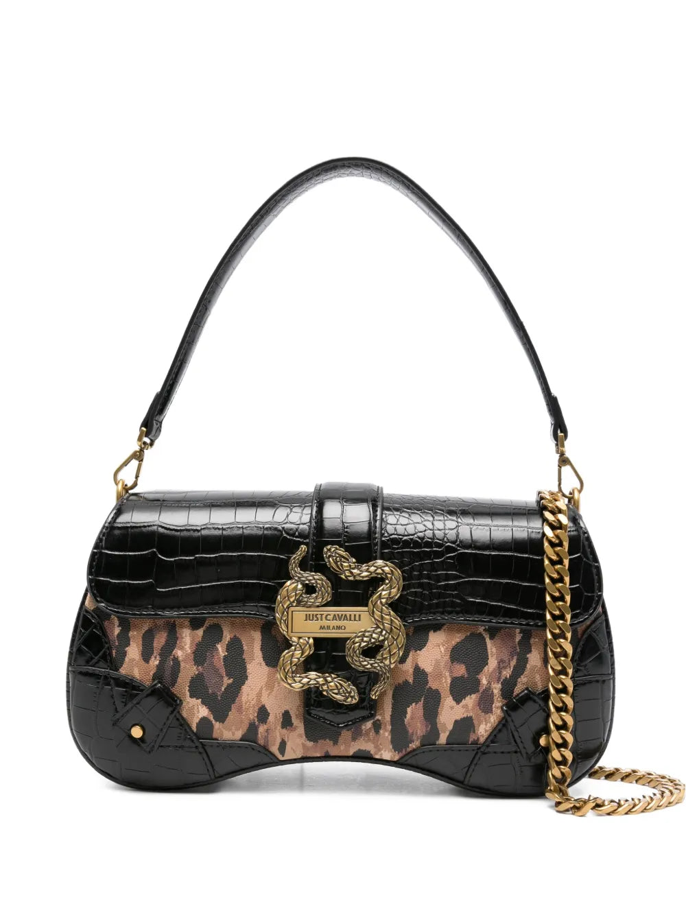 Just Cavalli Snake Buckle Leopard Print Shoulder Bag — Same as shown — Size One Size — Front View