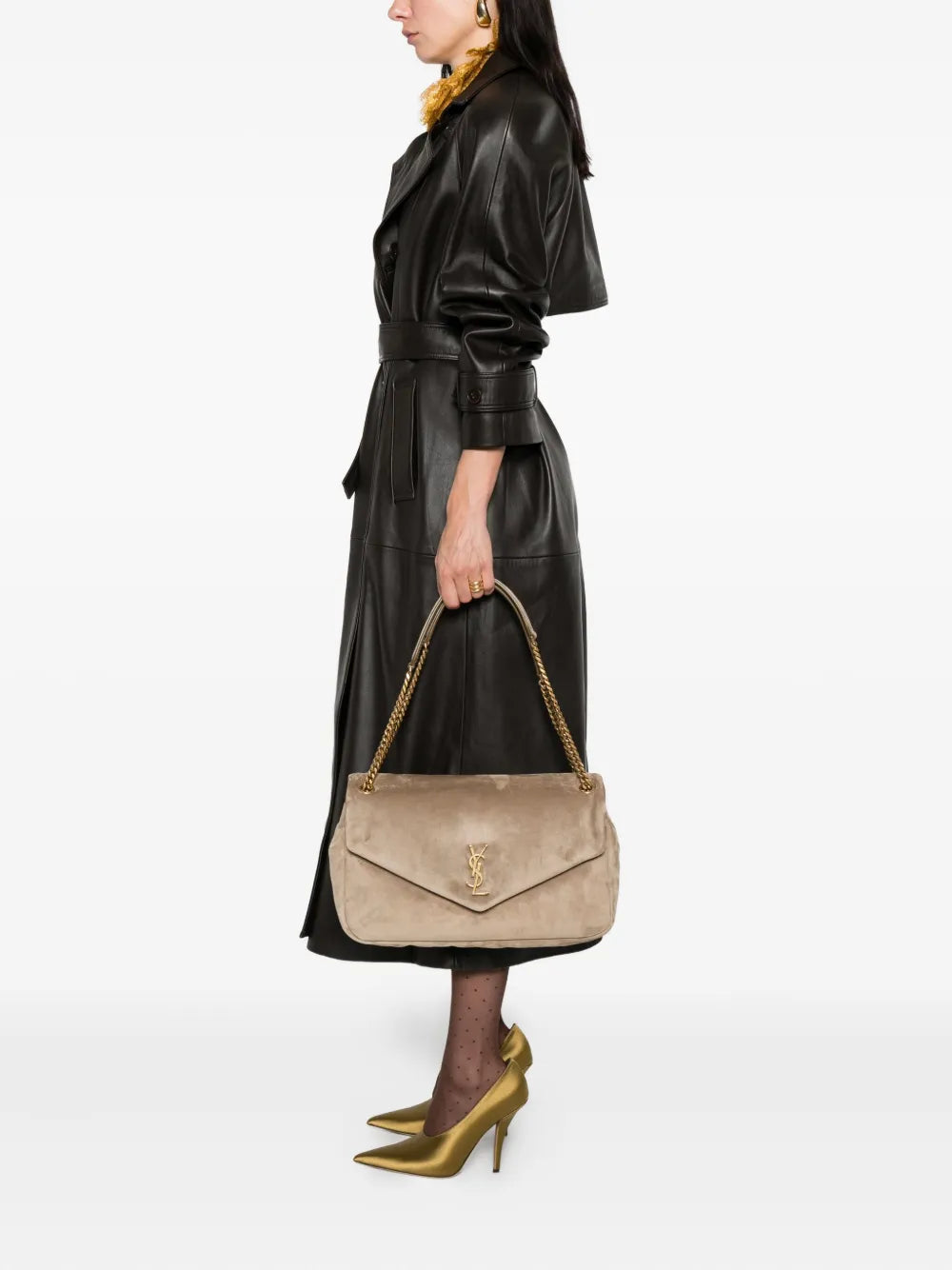 Saint Laurent Large Calypso Logo Plaque Suede Shoulder Bag — Same as shown — Size One Size — Side View