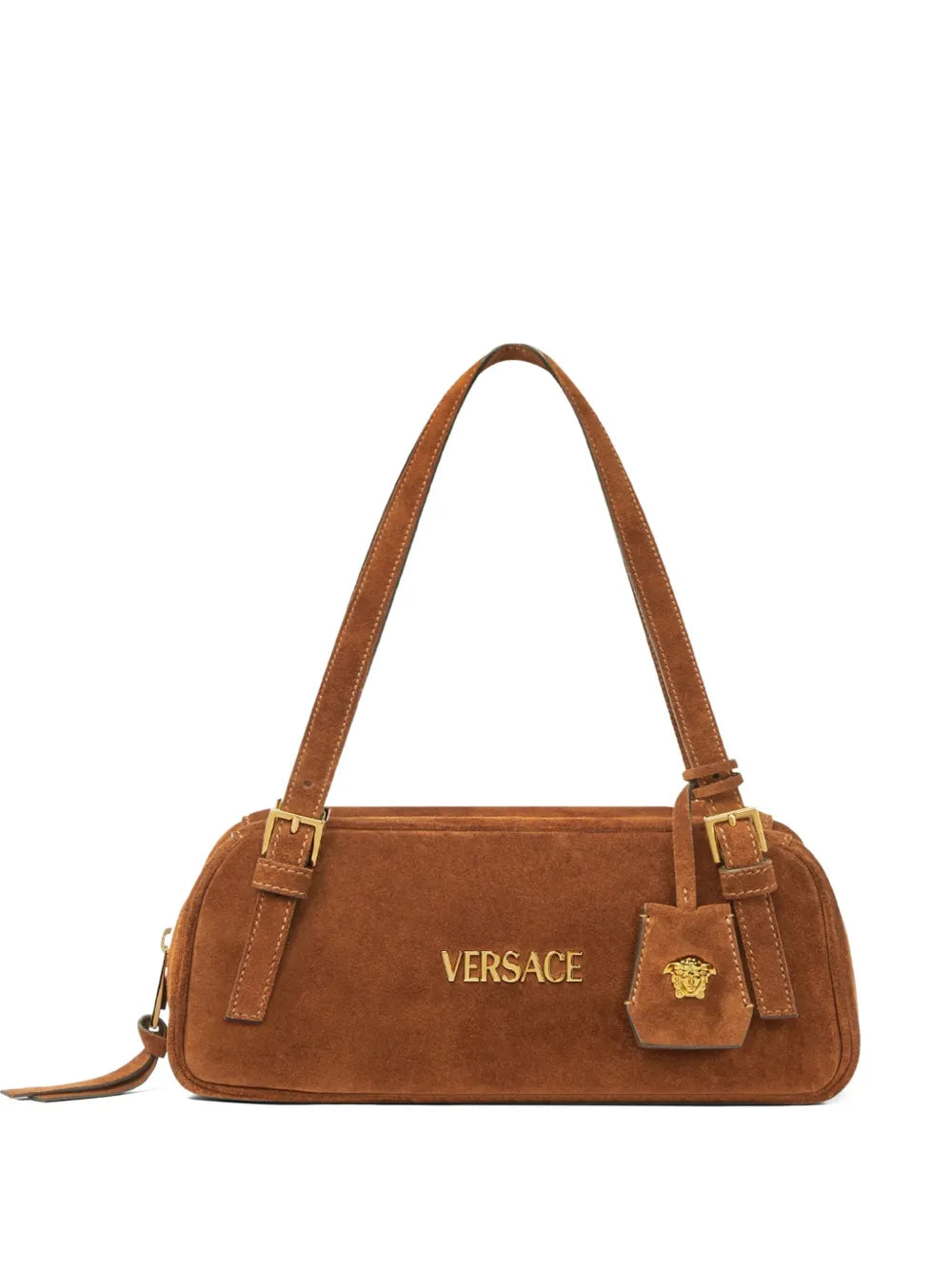 Versace Tag Suede Shoulder Bag — Same as shown — Size One Size — Front View