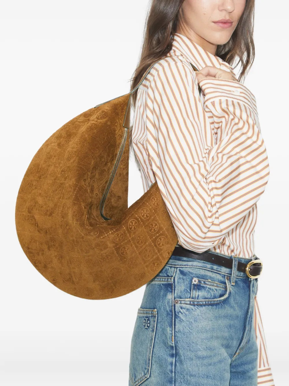 Tory Burch Balloon T Monogram Suede Shoulder Bag — Same as shown — Size One Size — Front View