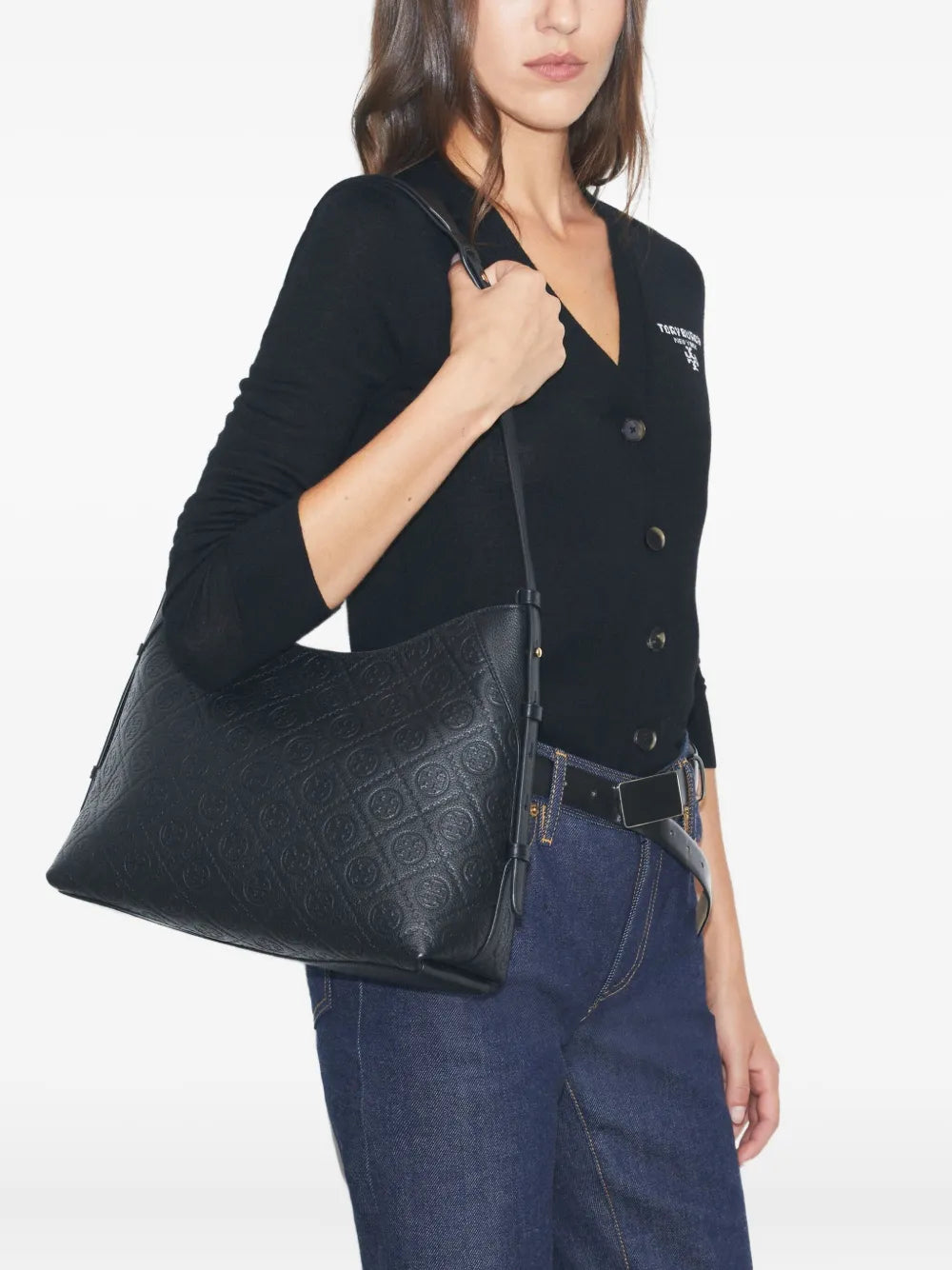 Tory Burch T Monogram Pebble Leather Shoulder Bag — Same as shown — Size One Size — Side View