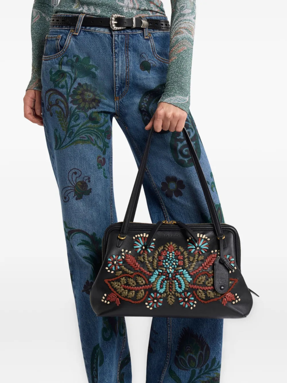 Etro Embroidered Leather Shoulder Bag — Same as shown — Size One Size — Side View