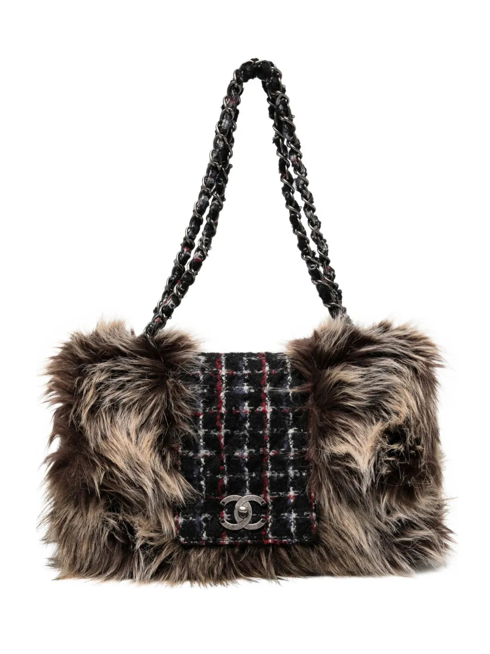 Chanel Pre Owned Classic Flap Faux Fur Tweed Shoulder Bag — Same as shown — Size One Size — Front View