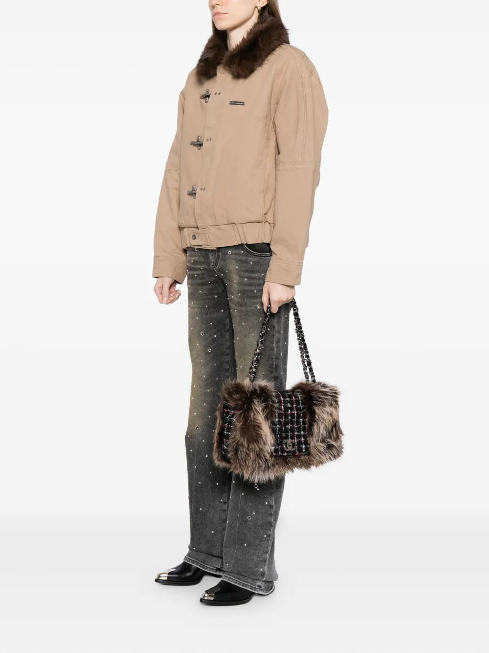 Chanel Pre Owned Classic Flap Faux Fur Tweed Shoulder Bag — Same as shown — Size One Size — Side View