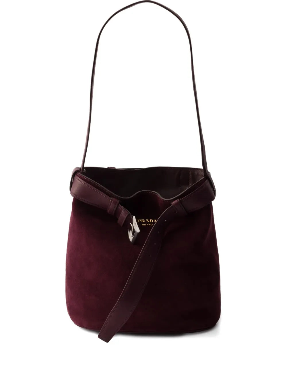 Prada Small Buckle Belted Suede Bag — Same as shown — Size One Size — Front View