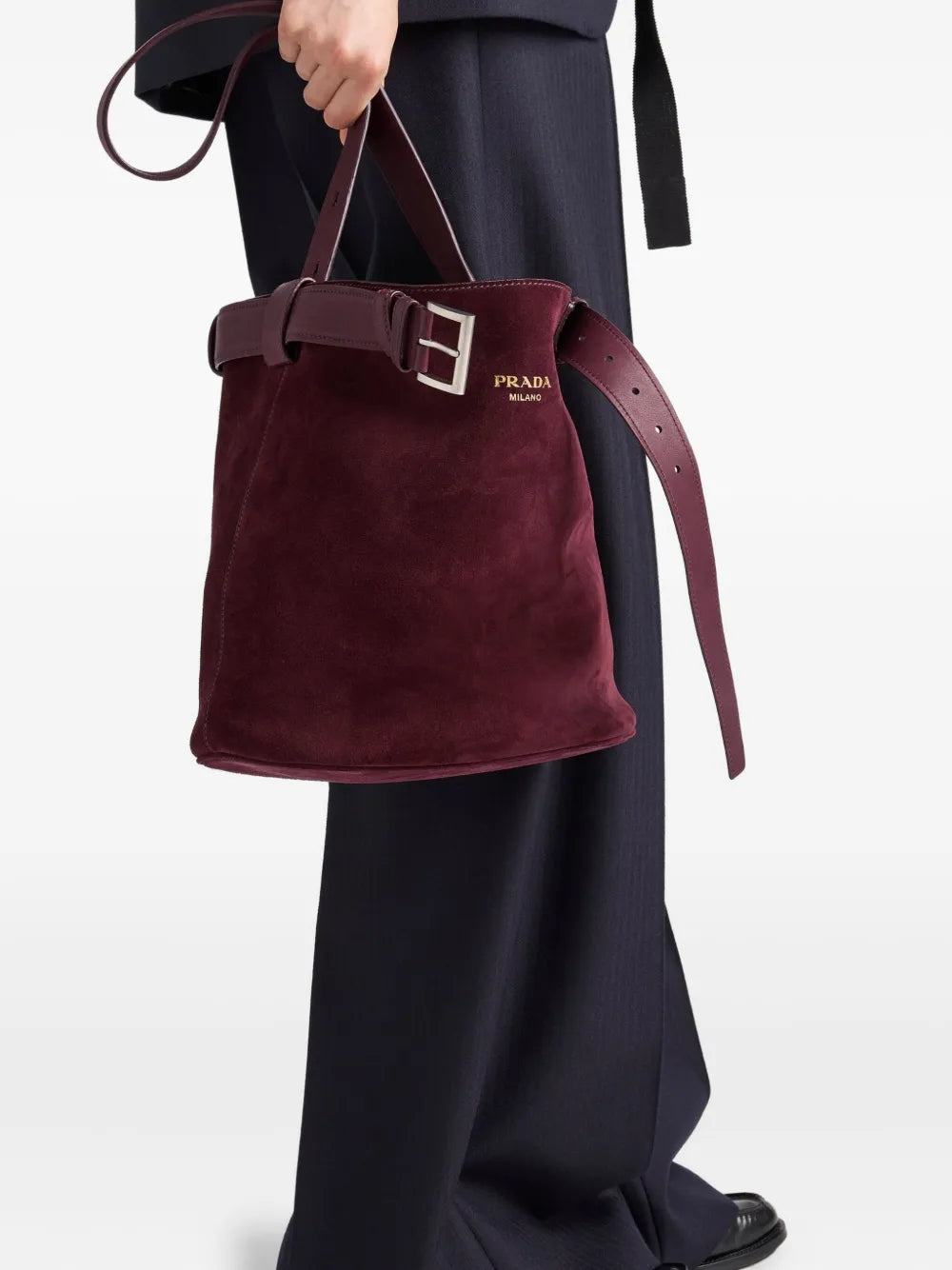 Prada Small Buckle Belted Suede Bag — Same as shown — Size One Size — Side View