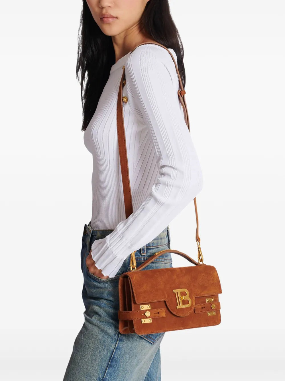 Balmain B Buzz 24 Suede Shoulder Bag — Same as shown — Size One Size — Side View