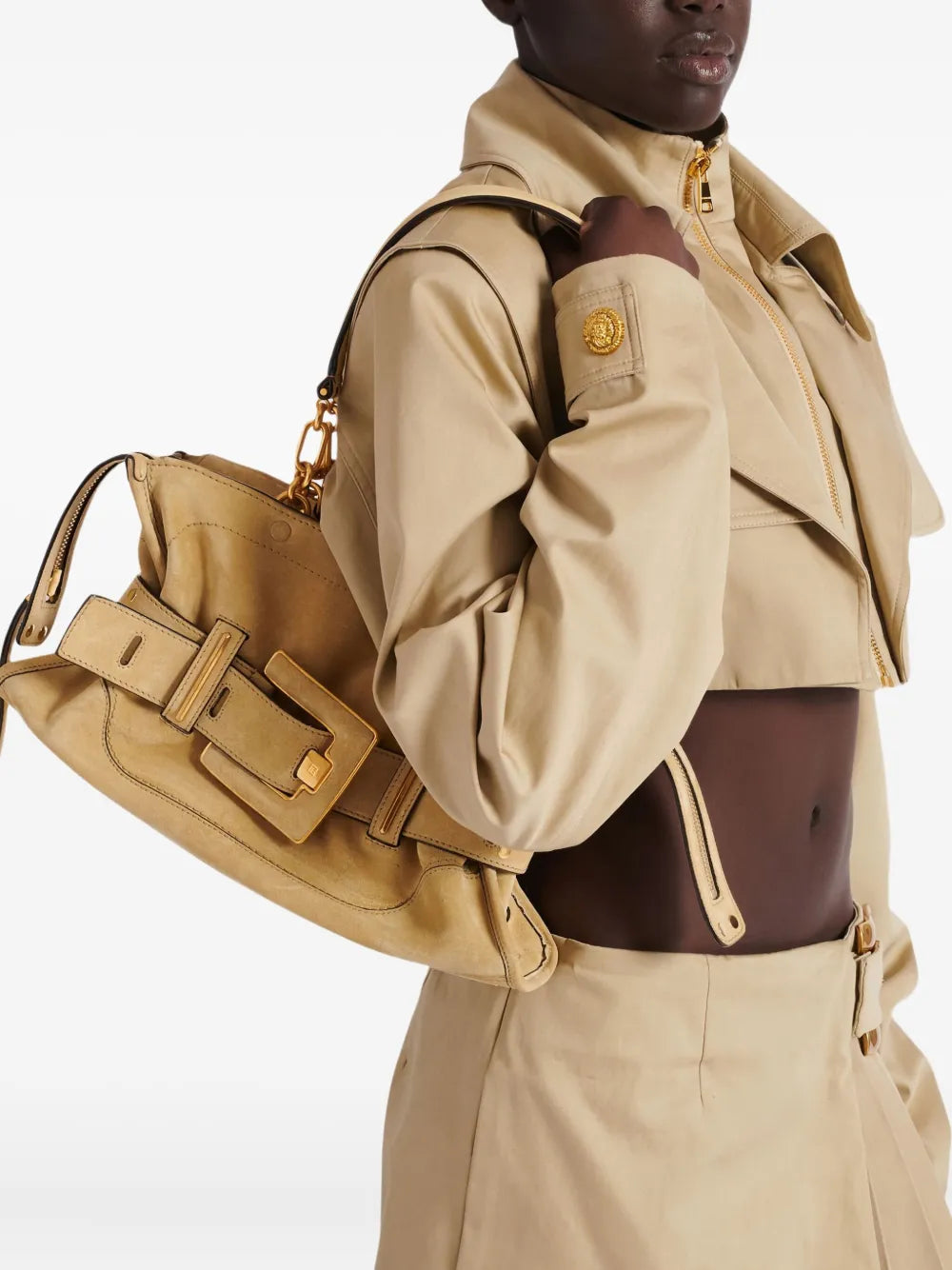 Balmain Anthem Suede Buckle Shoulder Bag — Same as shown — Size One Size — Side View