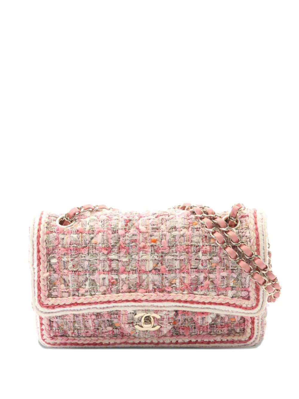 Chanel Pre Owned 2019 Medium Classic Quilted Tweed Braided Double Flap Shoulder Bag — Same as shown — Size One Size — Front View