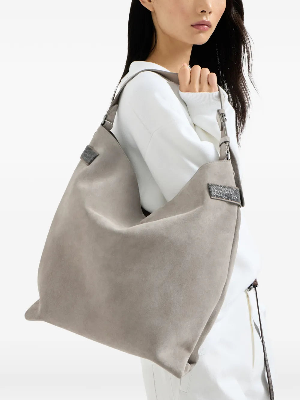 Brunello Cucinelli Monili Detail Suede Tote Bag — Same as shown — Size One Size — Side View