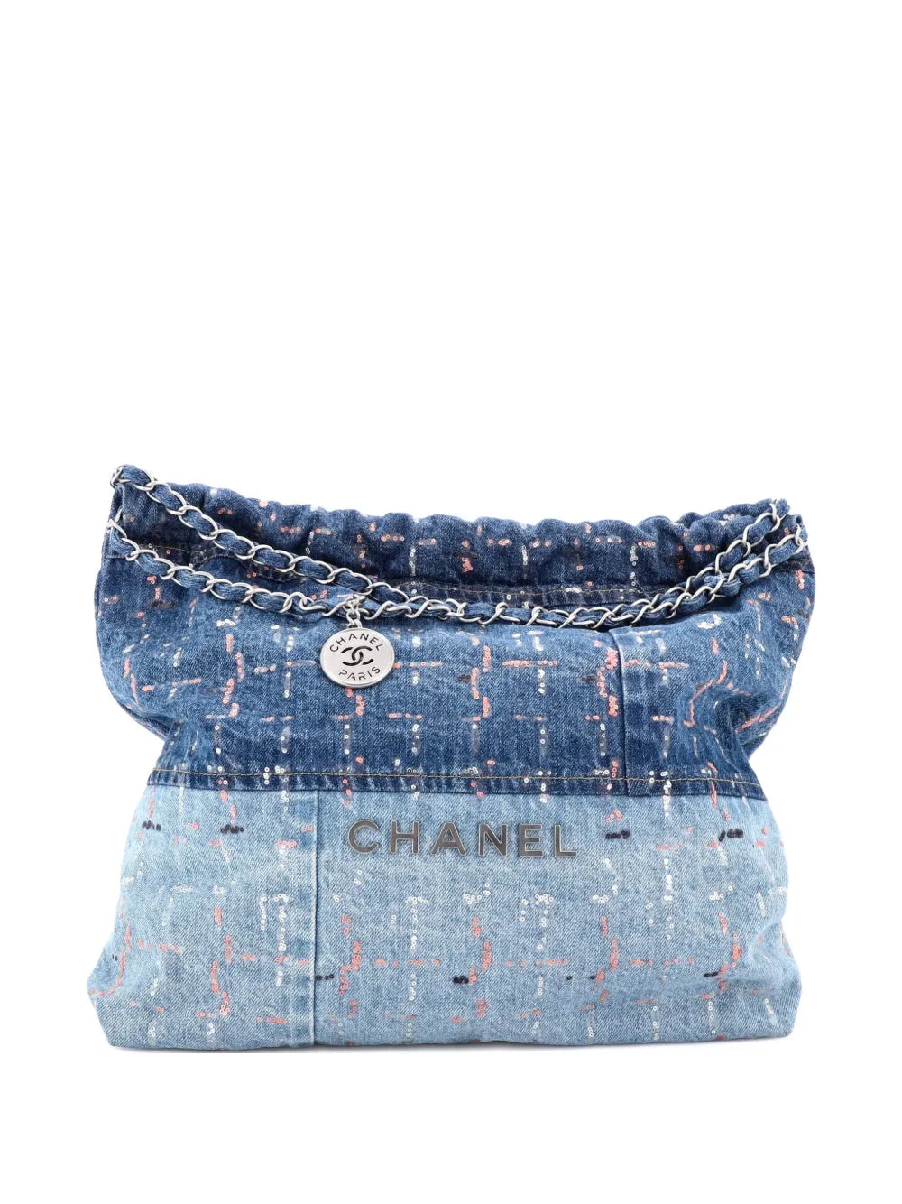 Chanel Pre Owned 22 Chain Denim With Sequins Medium Hobo Bag — Same as shown — Size One Size — Front View
