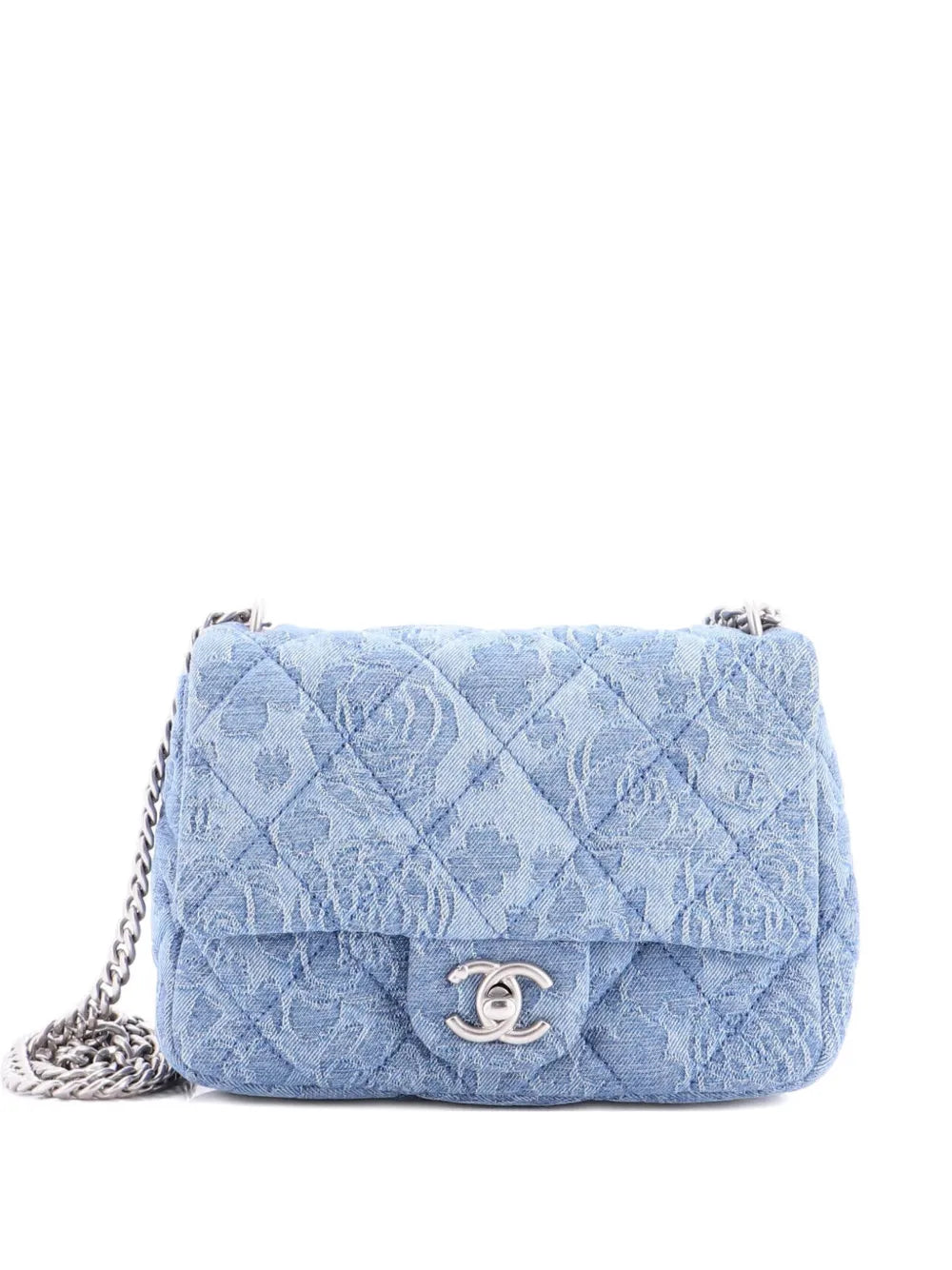 Chanel Pre Owned Sweet Heart Chain Square Flap Bag Quilted Camellia Denim Mini Shoulder Bag — Same as shown — Size One Size — Front View