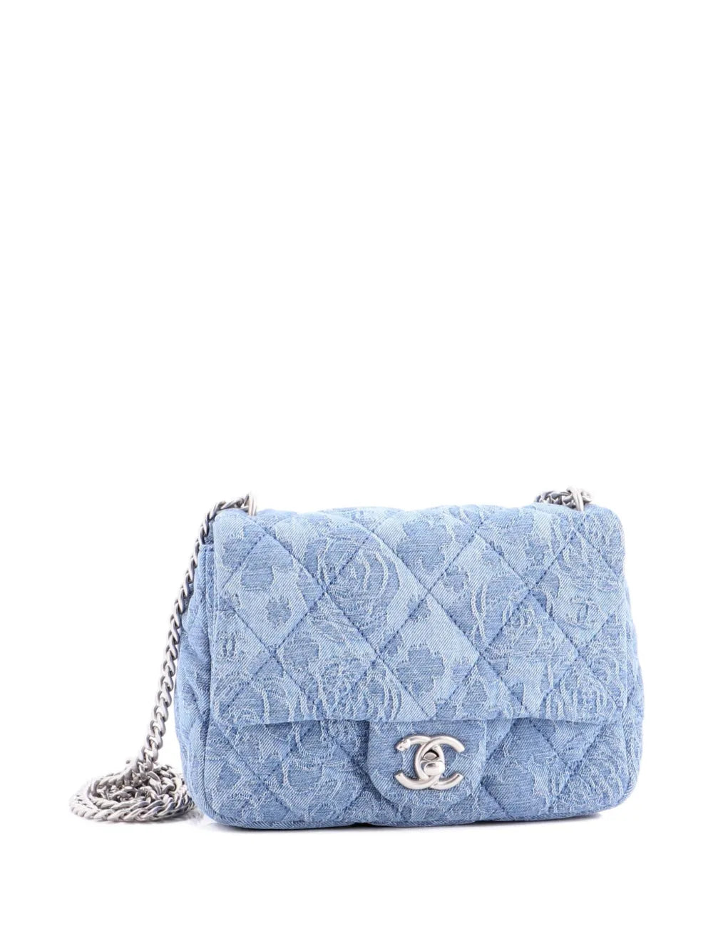 Chanel Pre Owned Sweet Heart Chain Square Flap Bag Quilted Camellia Denim Mini Shoulder Bag — Same as shown — Size One Size — Back View