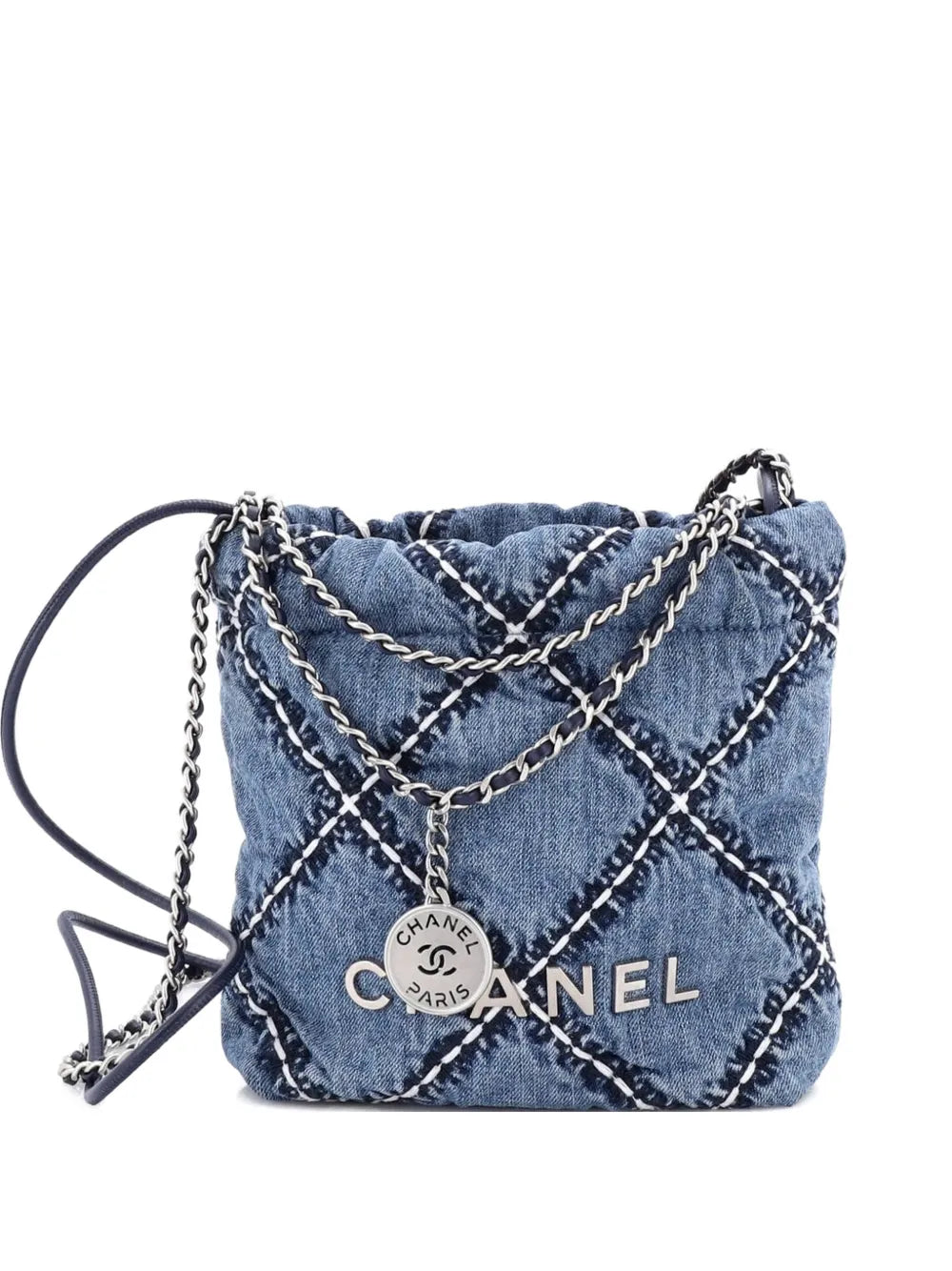 Chanel Pre Owned 22 Chain Quilted Stitched Denim Mini Hobo Bag — Same as shown — Size One Size — Front View