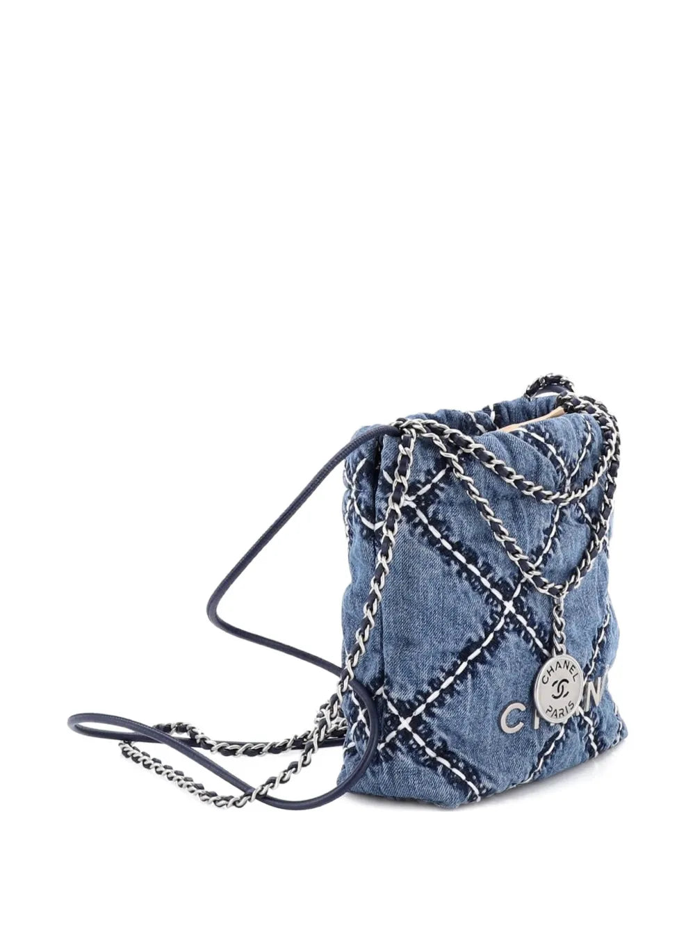 Chanel Pre Owned 22 Chain Quilted Stitched Denim Mini Hobo Bag — Same as shown — Size One Size — Back View