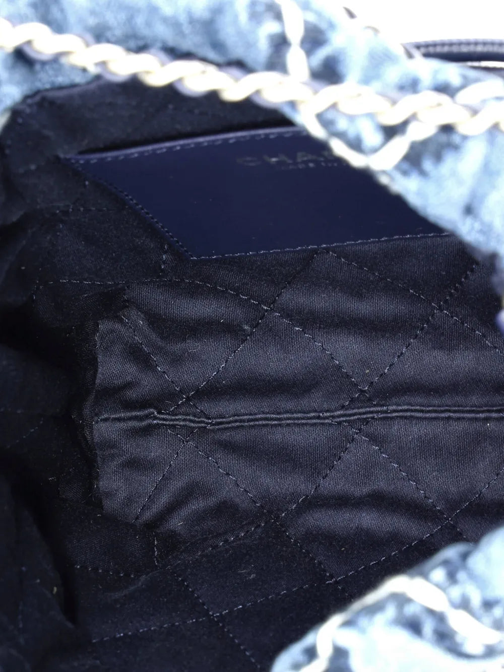 Chanel Pre Owned 22 Chain Quilted Stitched Denim Mini Hobo Bag — Same as shown — Size One Size — Detail View