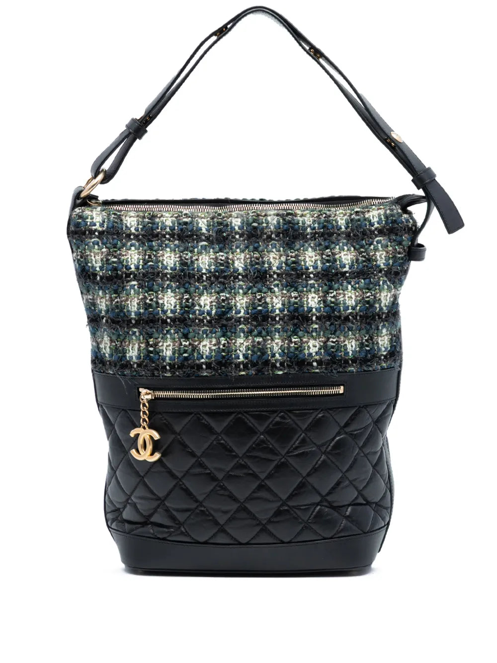 Chanel Pre Owned 2018 2019 Quilted Aged Calfskin And Tweed Casual Style Hobo Bag — Same as shown — Size One Size — Front View