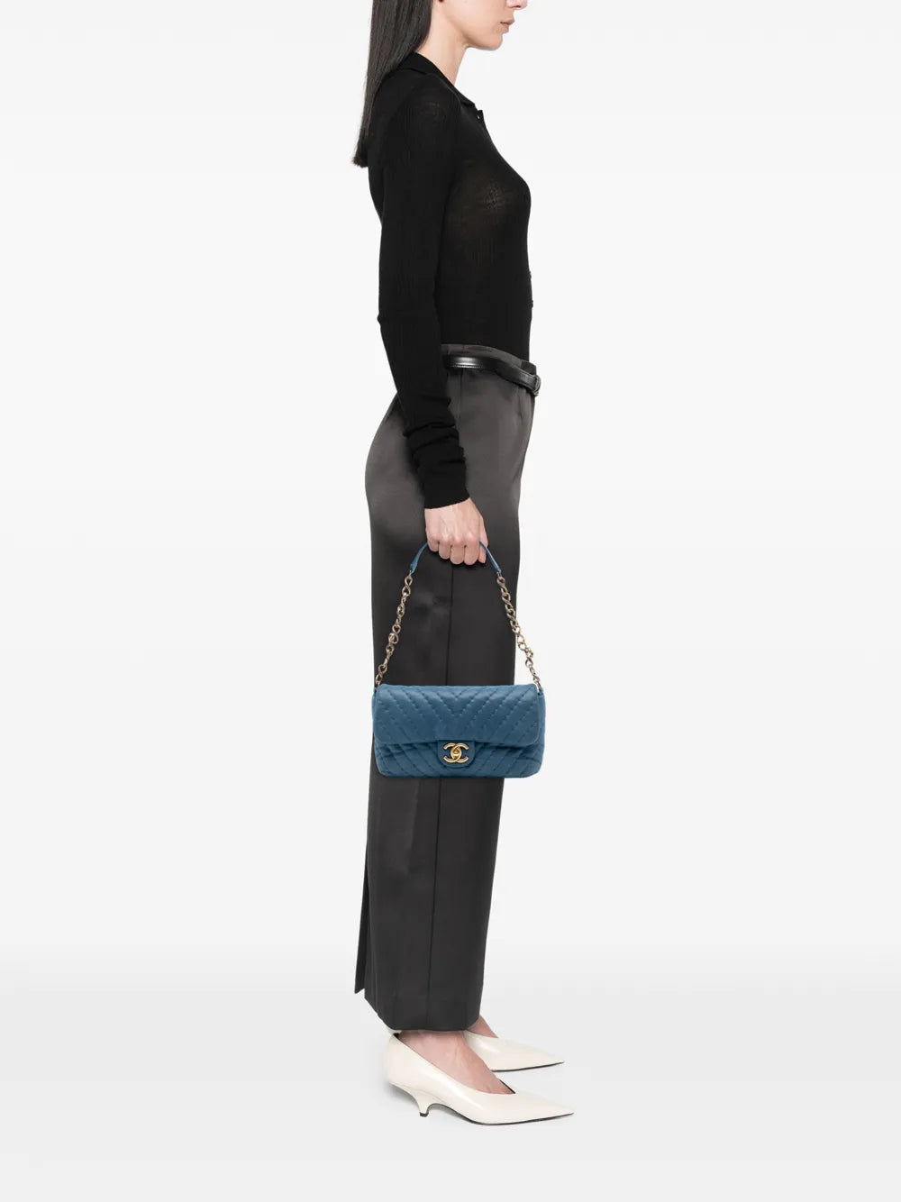 Chanel Pre Owned 2010 2011 Medium Chevron Iridescent Calfskin Surpique Flap Shoulder Bag — Same as shown — Size One Size — Side View
