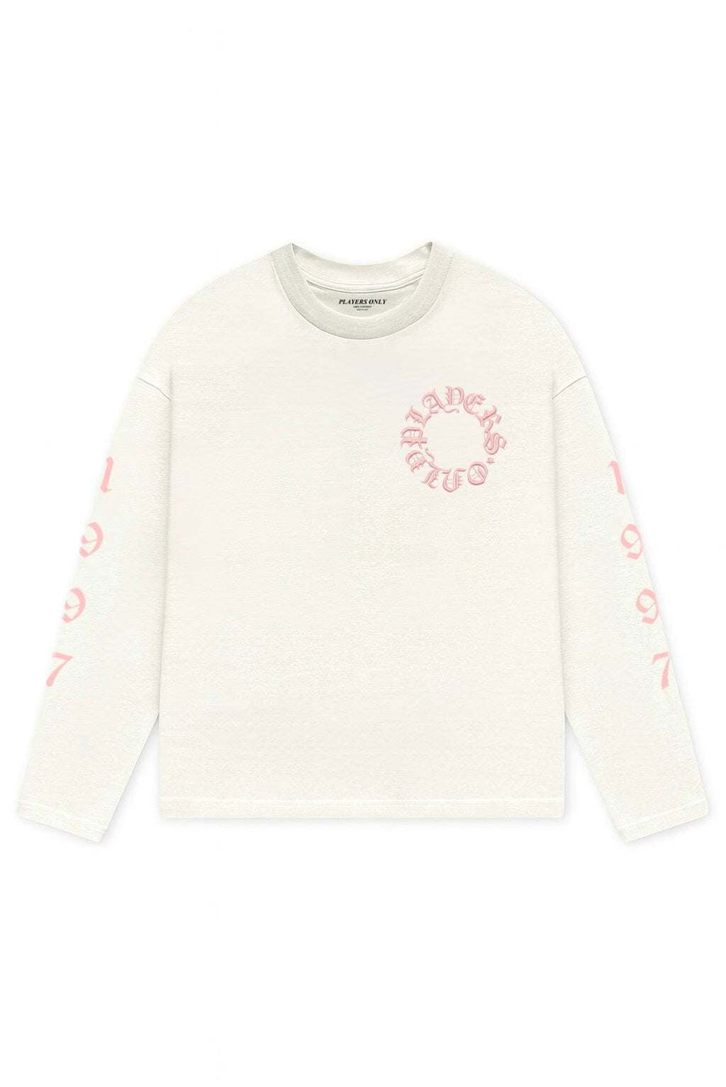 PLAYERS ONLY ECRU - PINK EMBROIDERED LONG SLEEVE — Small — Front View