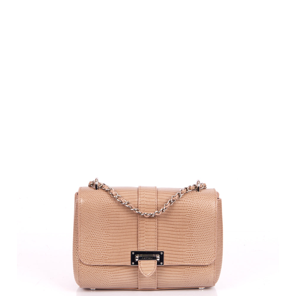 Aspinal of London Shoulder Bag Lottie in Neutral, Exotic Effect Leather — Front View