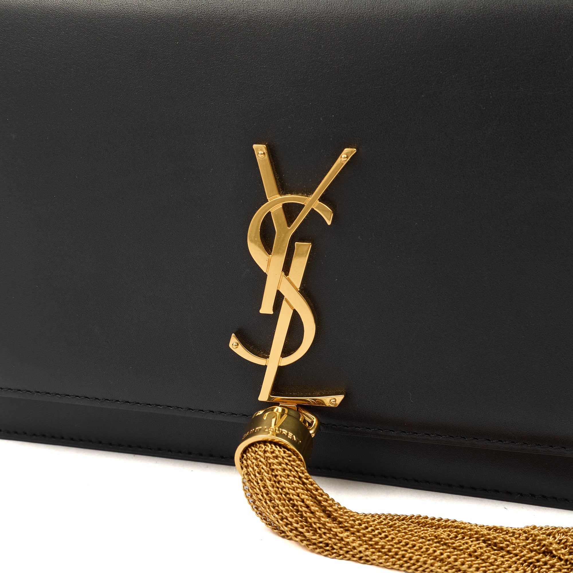 Saint Laurent Cross Body Kate Tassel Chain Wallet in Black, Leather — Lifestyle View