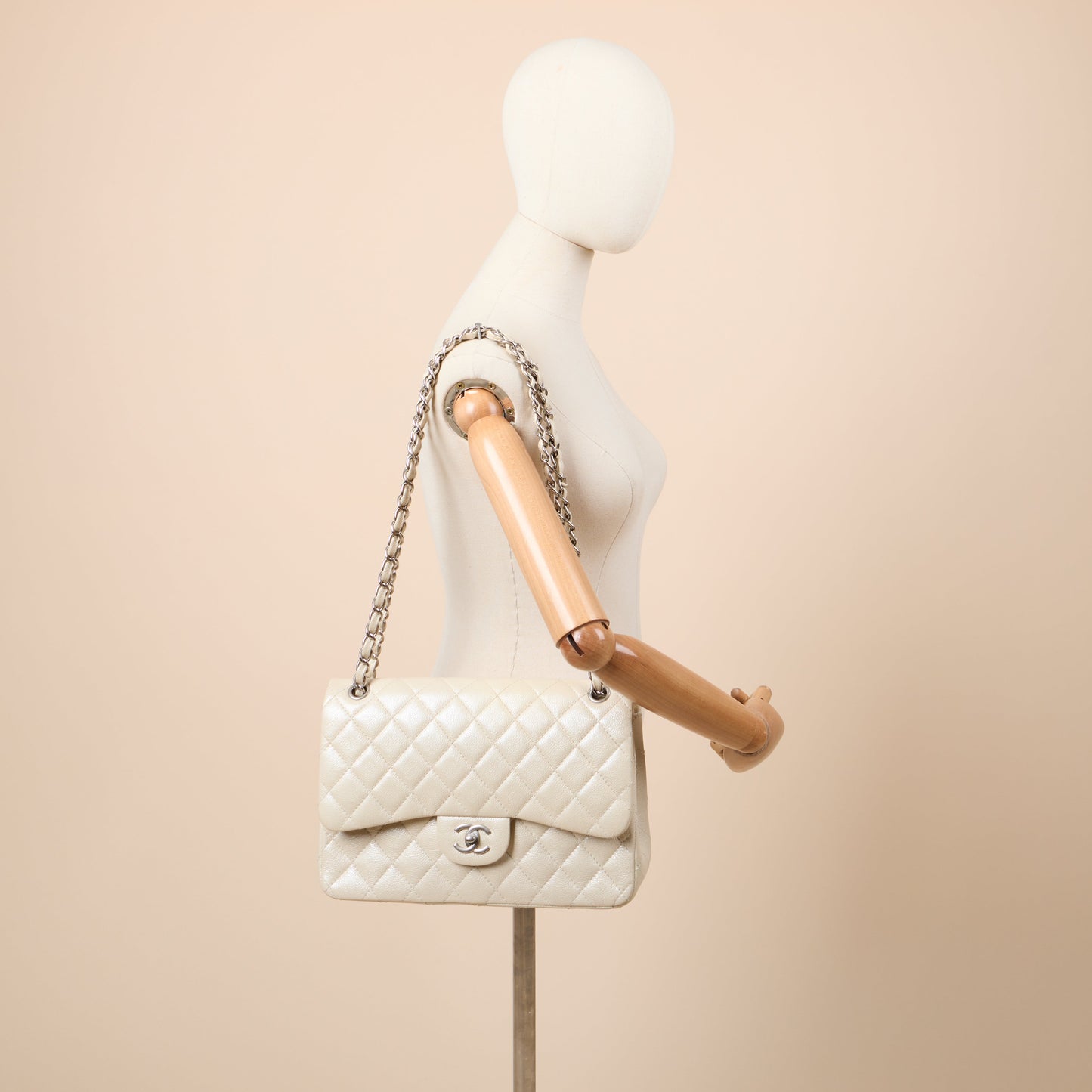 Chanel Classic Double Flap - Large in Champagne, Caviar Leather — Alternate View 13