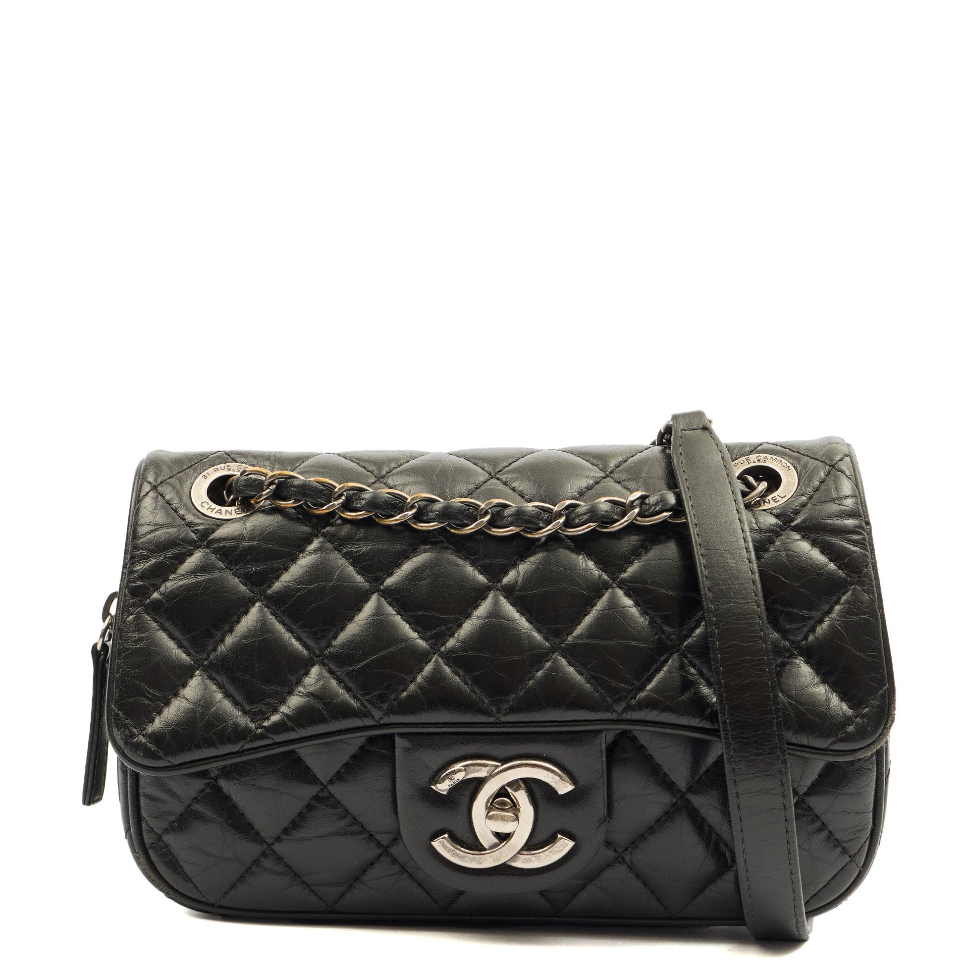 Chanel Cross Body Flap Bag in Black, Calfskin Leather — Front View