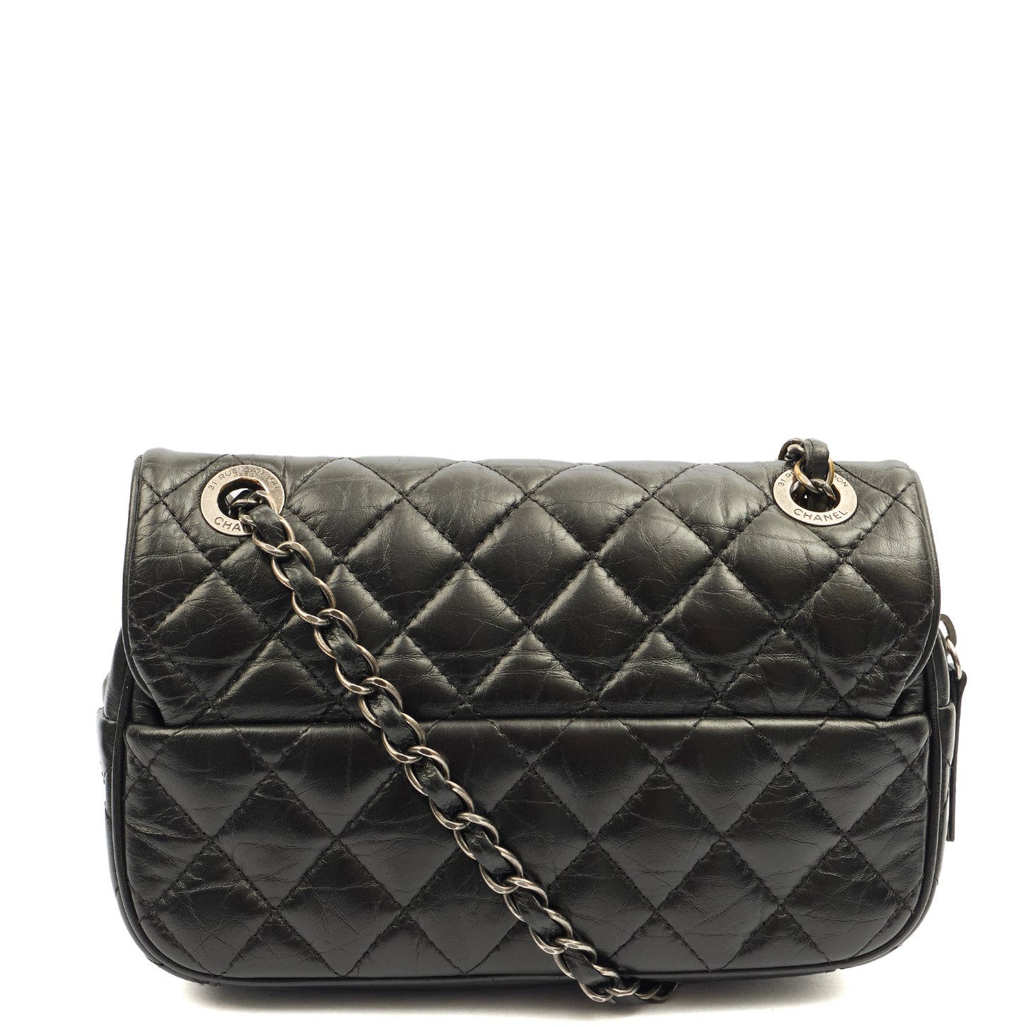 Chanel Cross Body Flap Bag in Black, Calfskin Leather — Back View