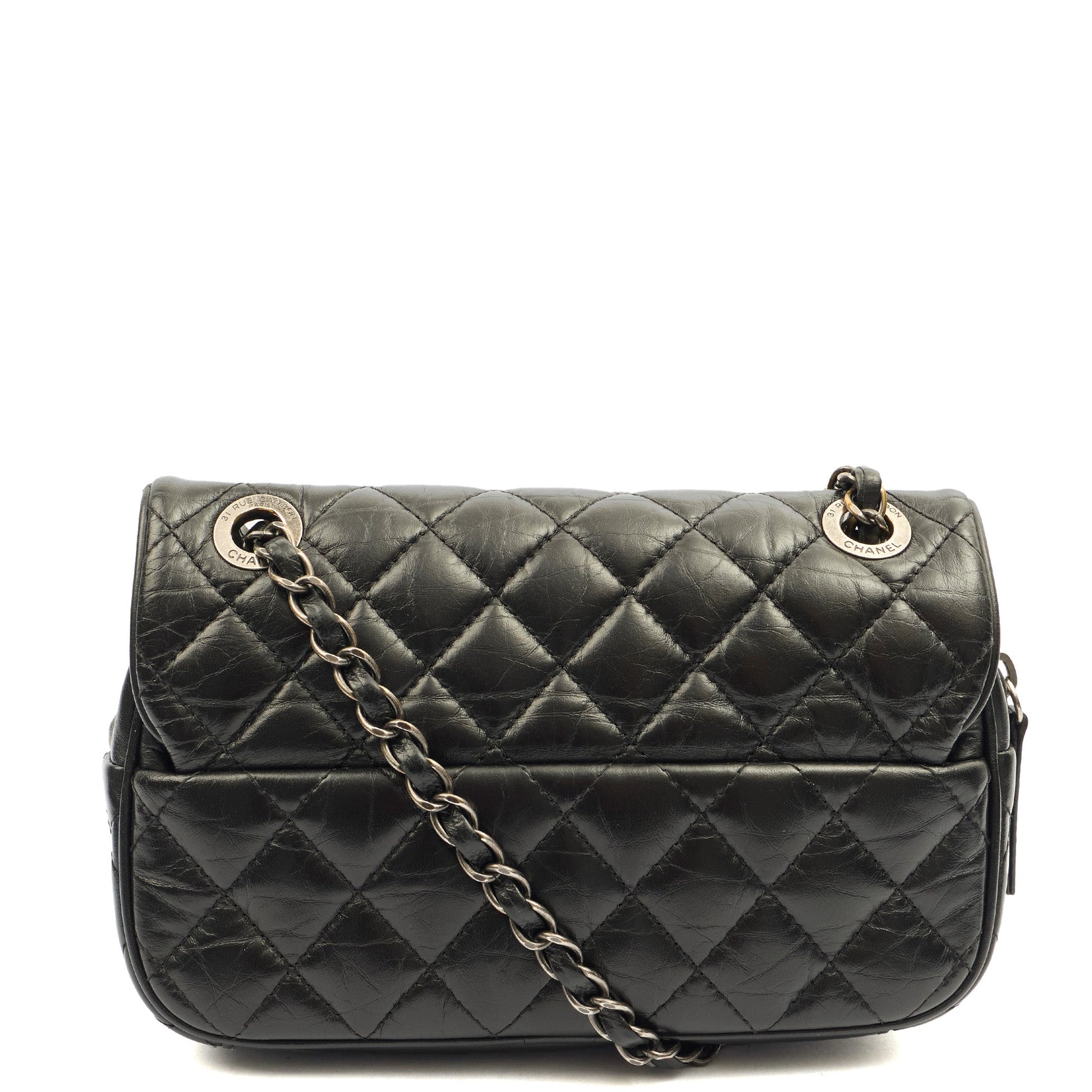 Chanel Cross Body Flap Bag in Black, Calfskin Leather — Back View