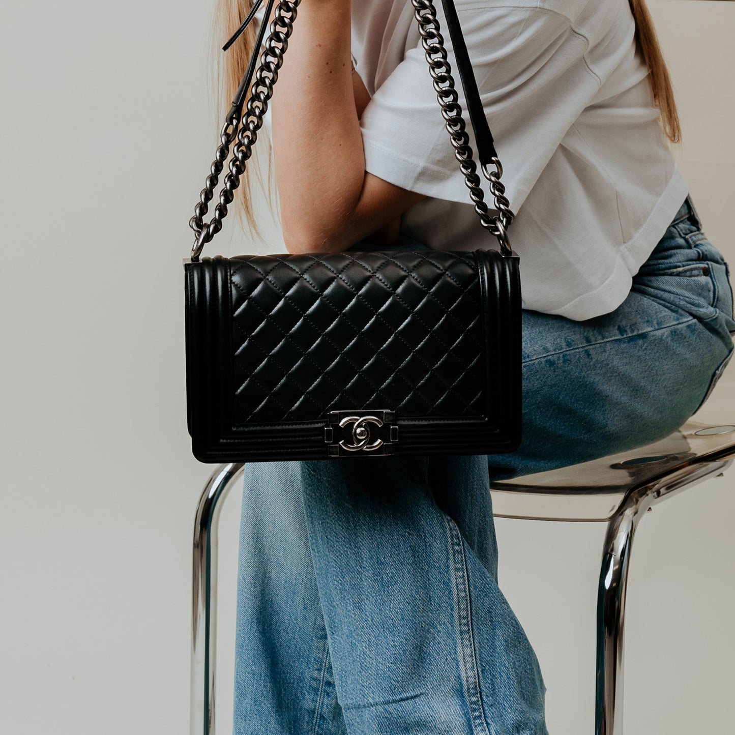 Chanel Boy - Medium in Black, Calfskin Leather — Side View