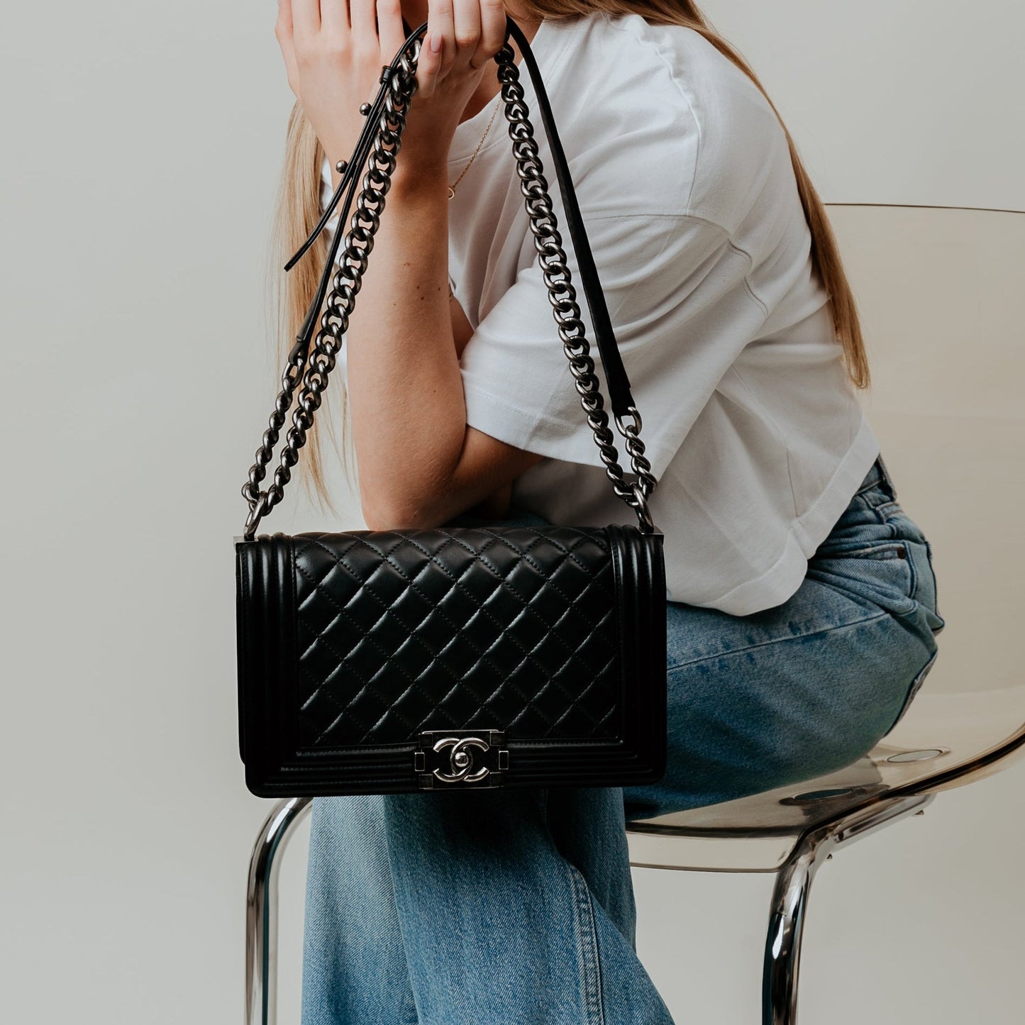 Chanel Shoulder Bag Boy - New Medium in Black, Calfskin Leather — Side View