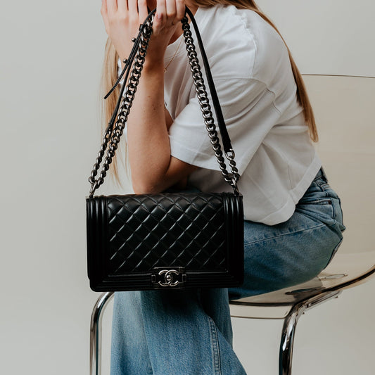 Chanel Shoulder Bag Boy - New Medium in Black, Calfskin Leather — Side View