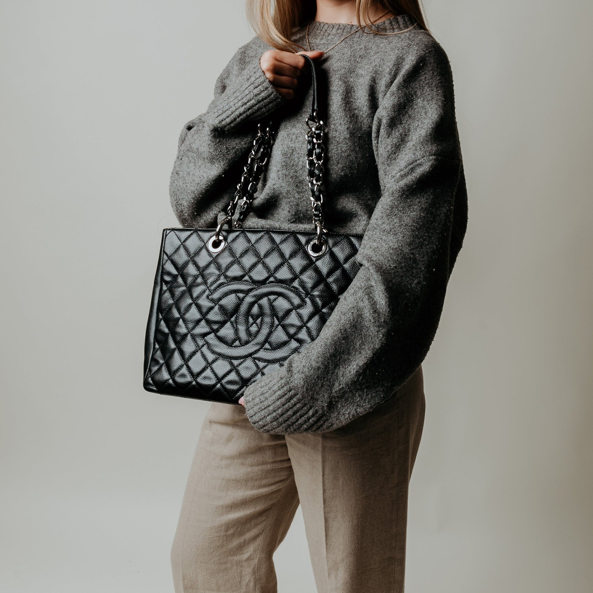 Chanel Tote Grand Shopping Tote in Black, Caviar Leather — Side View
