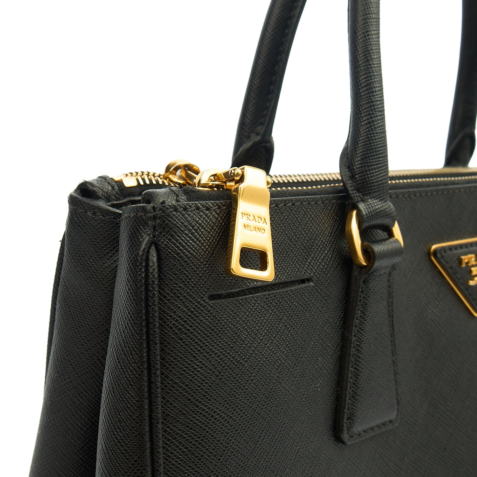 Prada Tote Galleria - Medium Double Zip Tote in Black, Saffiano Leather — Detail View