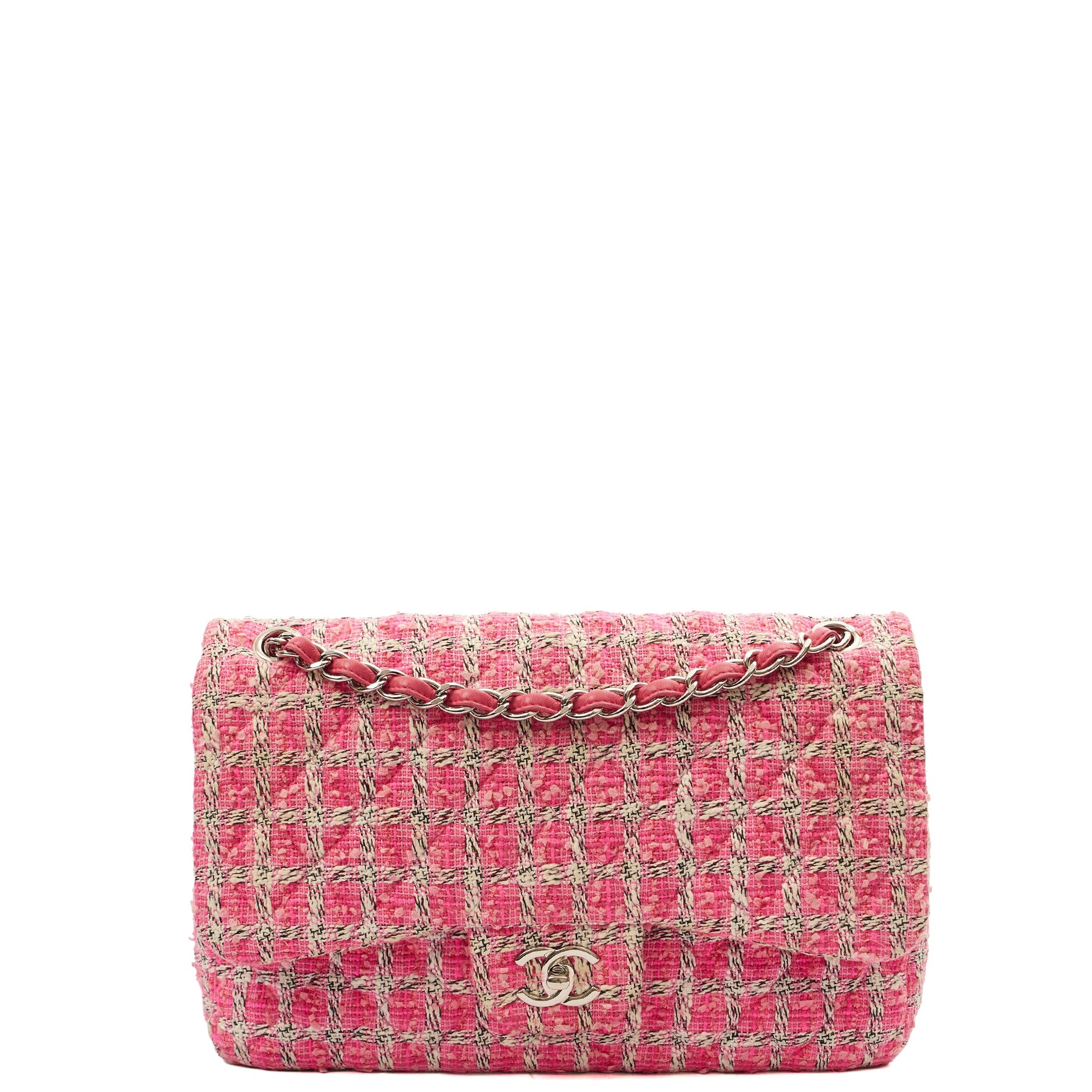 Chanel Shoulder Bag Classic Double Flap - Large in Pink, Tweed — Front View