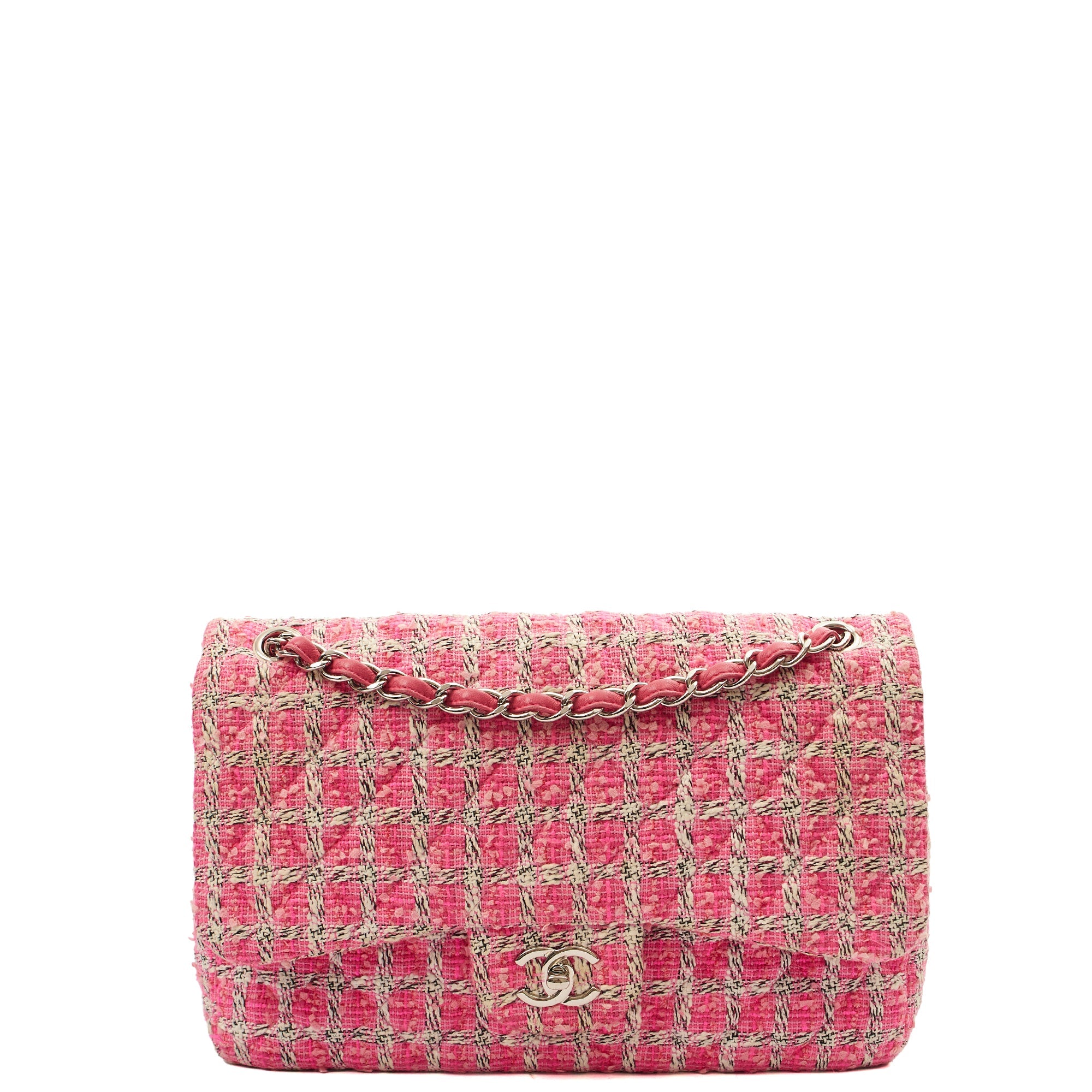 Chanel Shoulder Bag Classic Double Flap - Large in Pink, Tweed — Front View