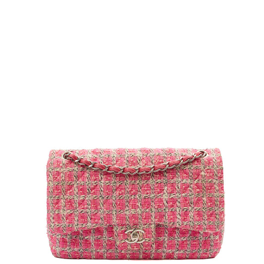 Chanel Shoulder Bag Classic Double Flap - Large in Pink, Tweed — Front View