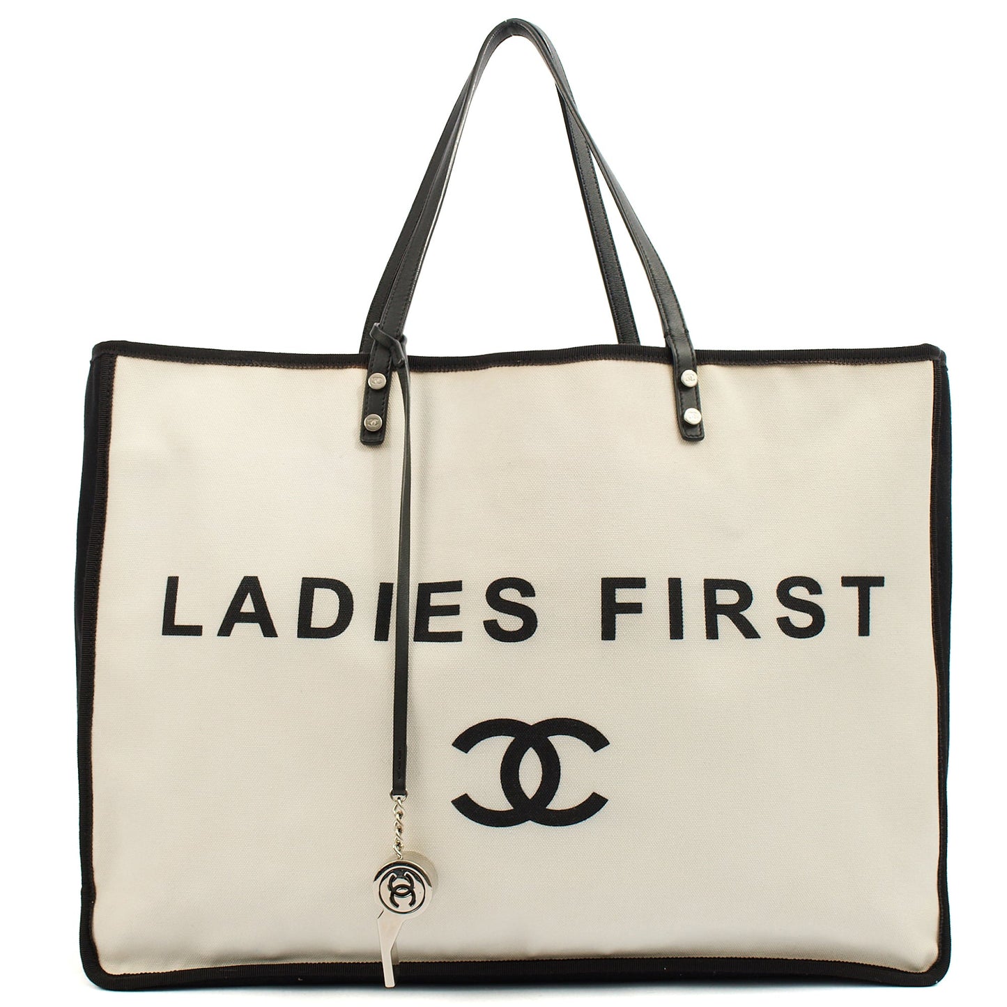 Chanel Tote Ladies First Shopping Tote in White, Canvas — Front View