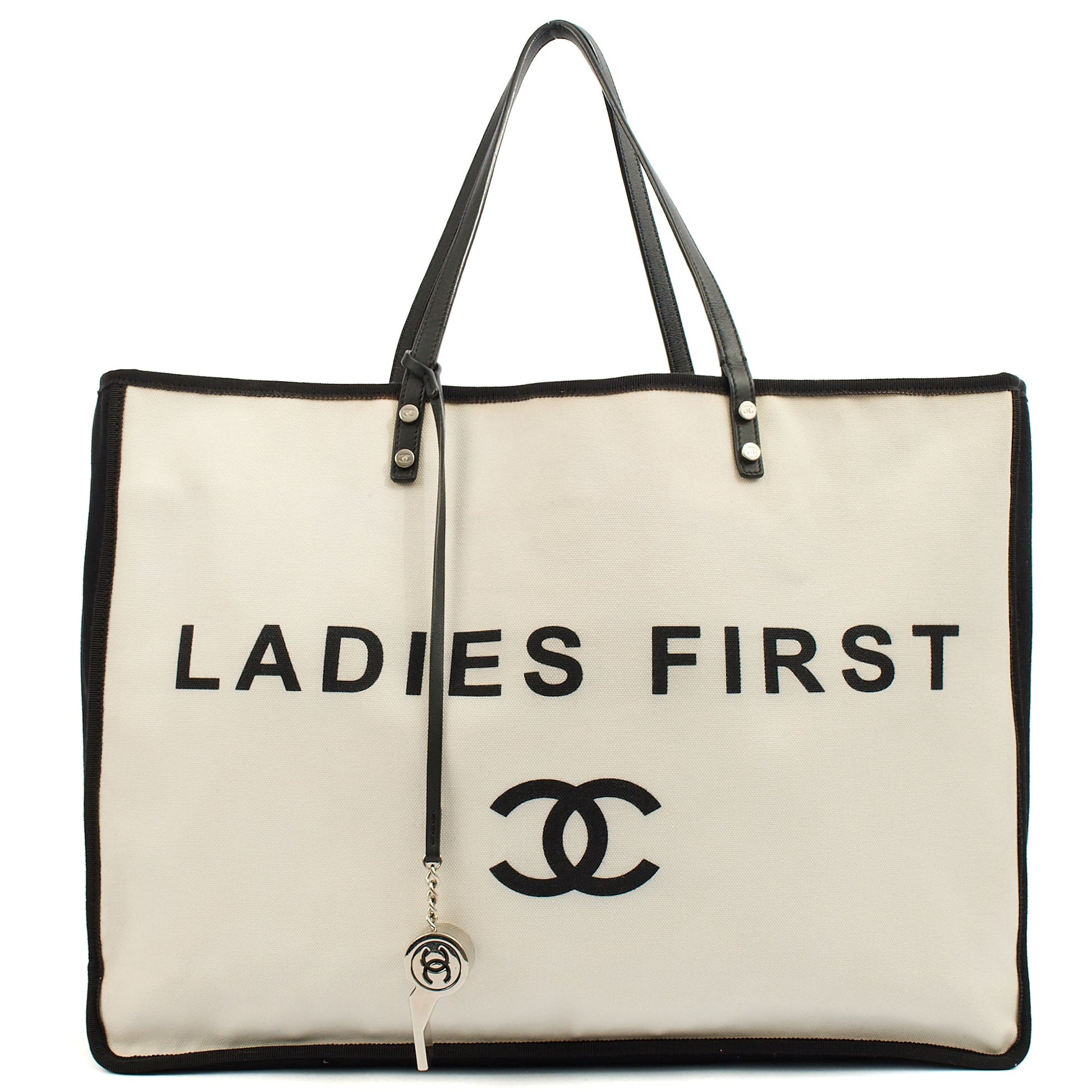 Chanel Tote Ladies First Shopping Tote in White, Canvas — Front View