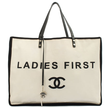 Chanel Tote Ladies First Shopping Tote in White, Canvas — Front View
