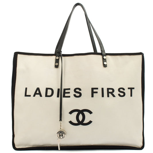 Chanel Tote Ladies First Shopping Tote in White, Canvas — Front View
