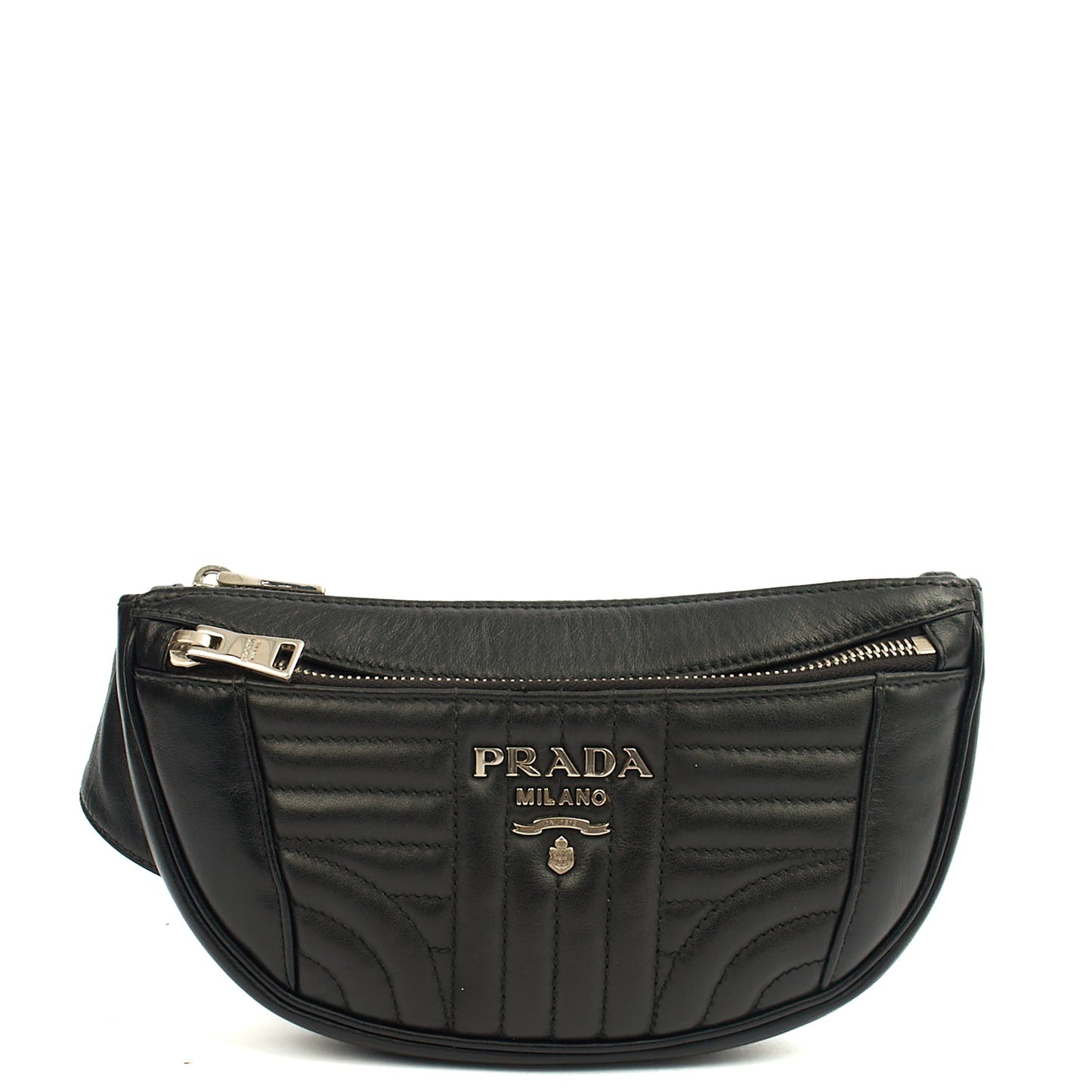 Prada Cross Body Belt Bag in Black, Leather — Front View